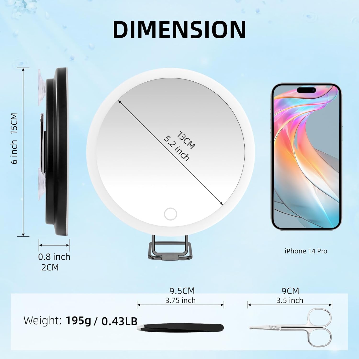 Miroir grossissant 30x avec lumière, grand miroir grossissant rechargeable de 6&nbsp;po, miroir de voyage avec support, miroir grossissant de