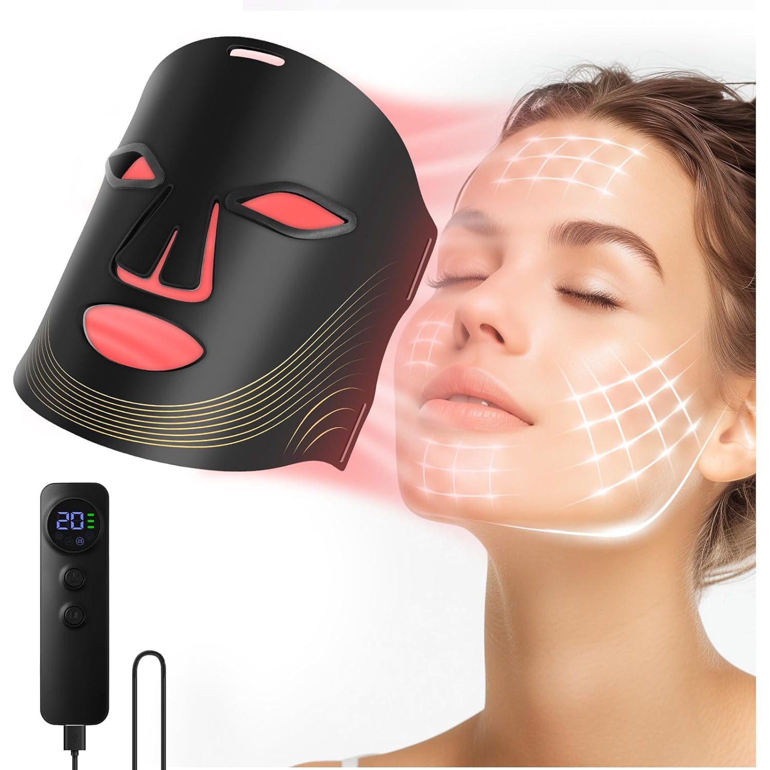 Red Light Therapy Mask for Face,4 Modes Led Face Mask Light Therapy with Timer Function,Portable Wireless Red Light Therapy Facial Mask for Home
