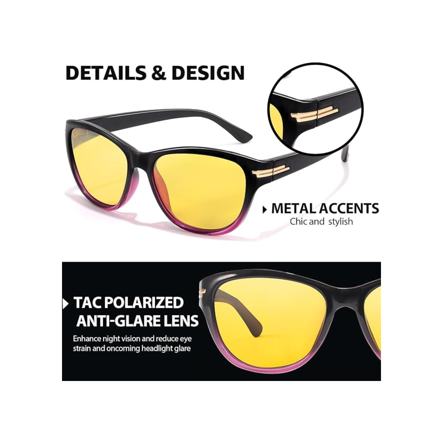 Women’s Night Vision Driving Glasses, Polarized Yellow Tint Anti Glare & Enhanced Vision Eyewear for Nighttime Driving