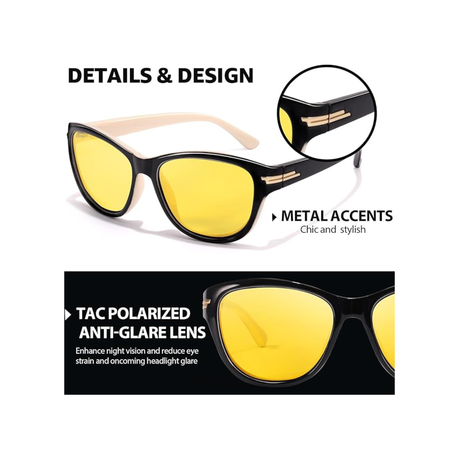 Women’s Night Vision Driving Glasses, Polarized Yellow Tint Anti Glare & Enhanced Vision Eyewear for Nighttime Driving