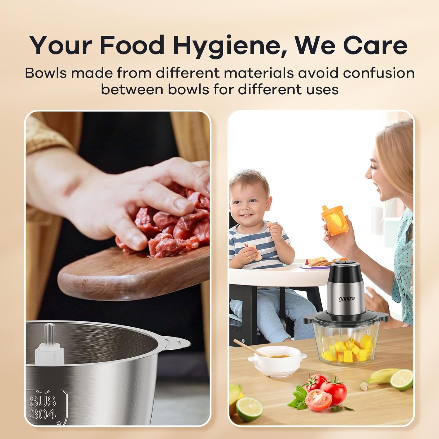 Hachoir électrique avec hachoir à viande et hachoir à légumes de Ganiza - Argenté