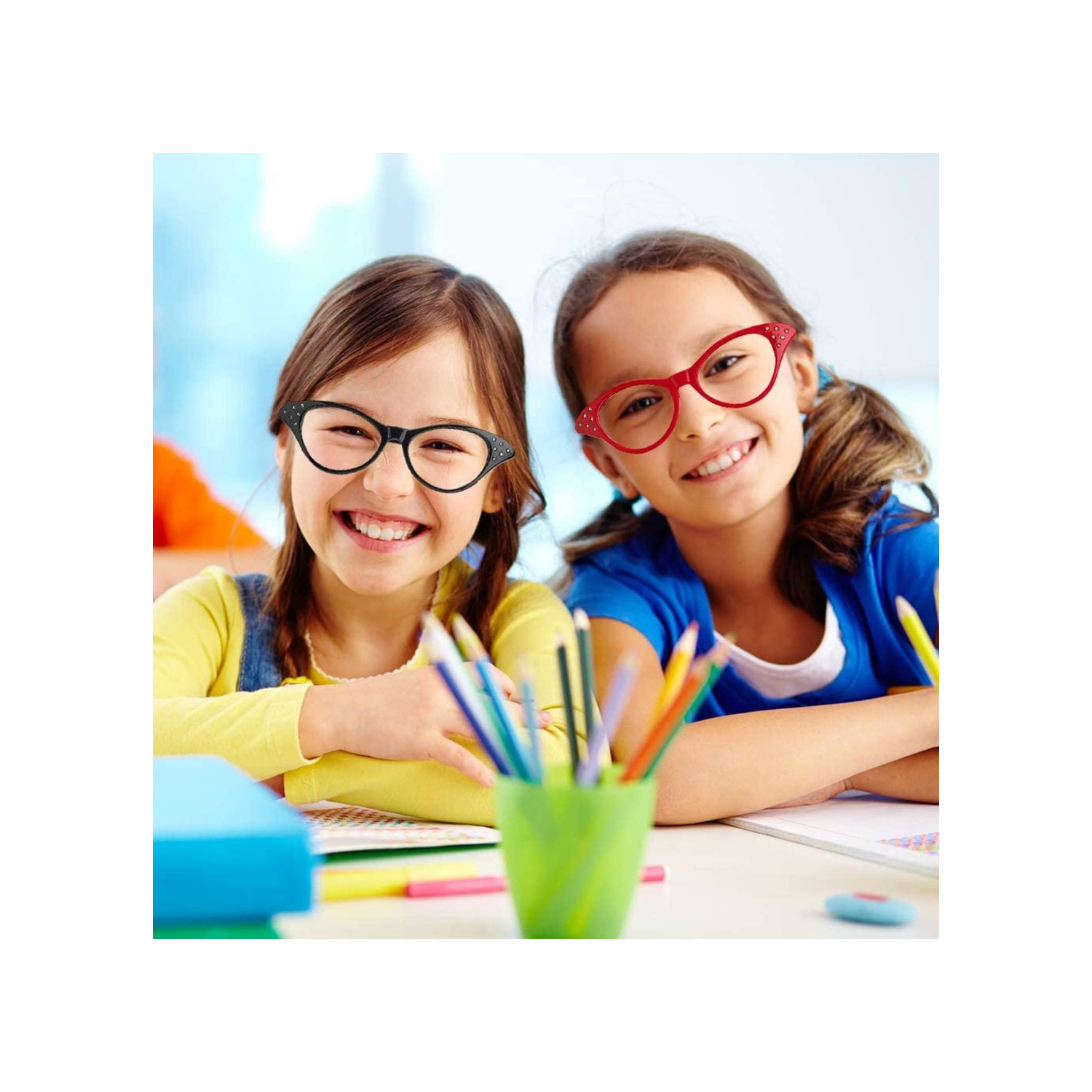 2 Pack Cat Eye Retro Costume Dress Up Hip Hop Rhinestone Glasses, Cat Eye Eyeglasses for Halloween Christmas