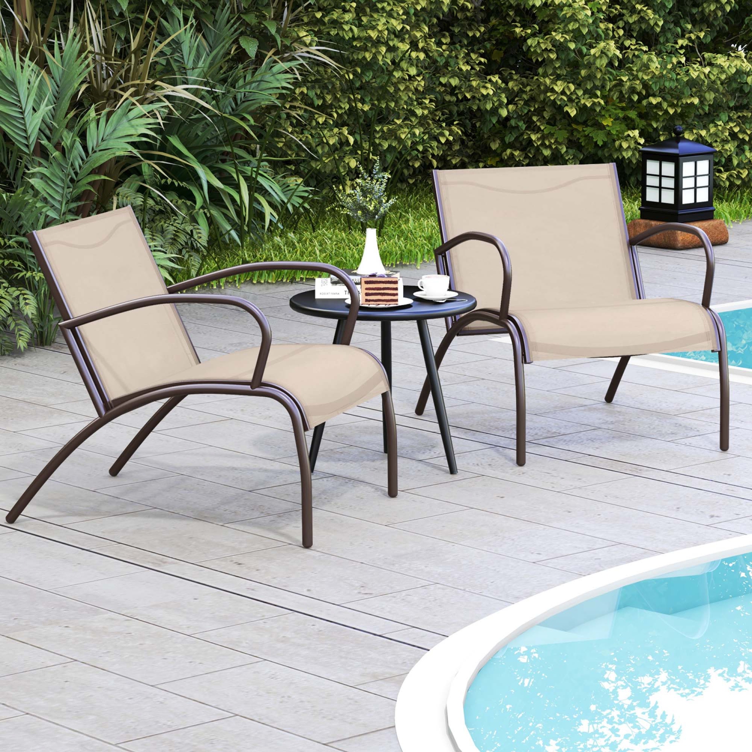 Gymax 3 Piece Patio Chair Set w/ Curved Fabric Seat Round Coffee Table for Backyard