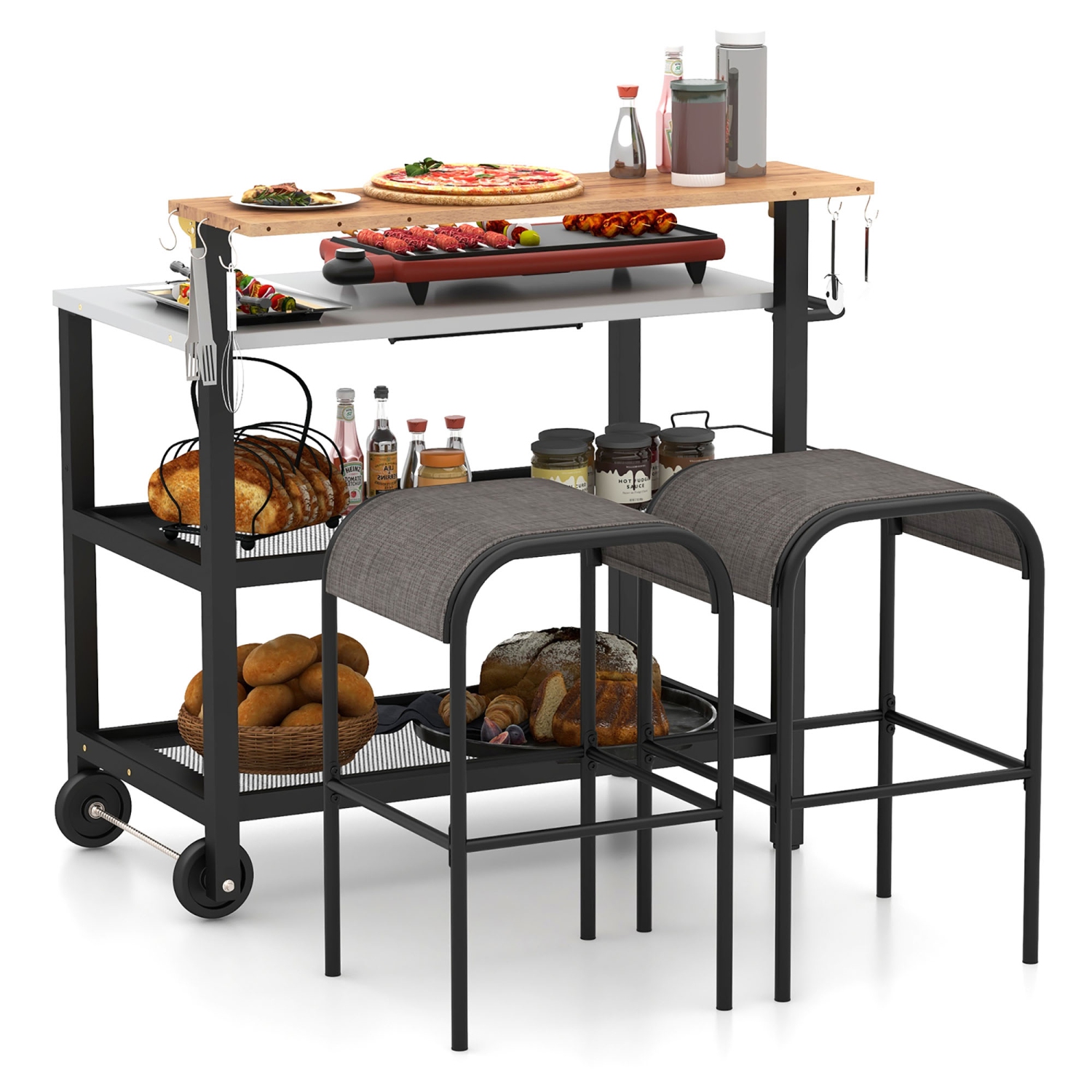 Gymax Rolling Bar Cart w/ Flip-up Table Hooks Paper Towel Holder 2 Bistro Stools