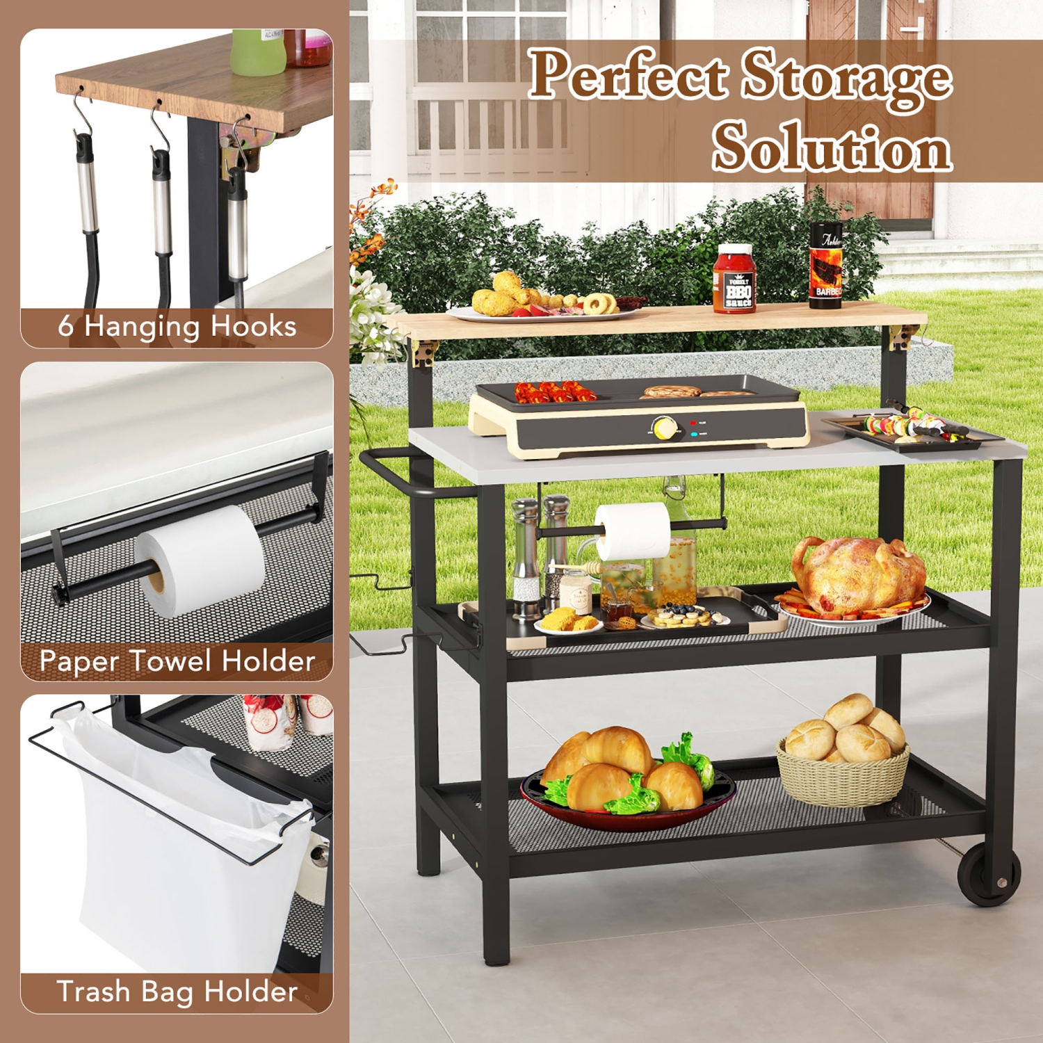 Gymax Rolling Bar Cart w/ Flip-up Table Hooks Paper Towel Holder 2 Bistro Stools