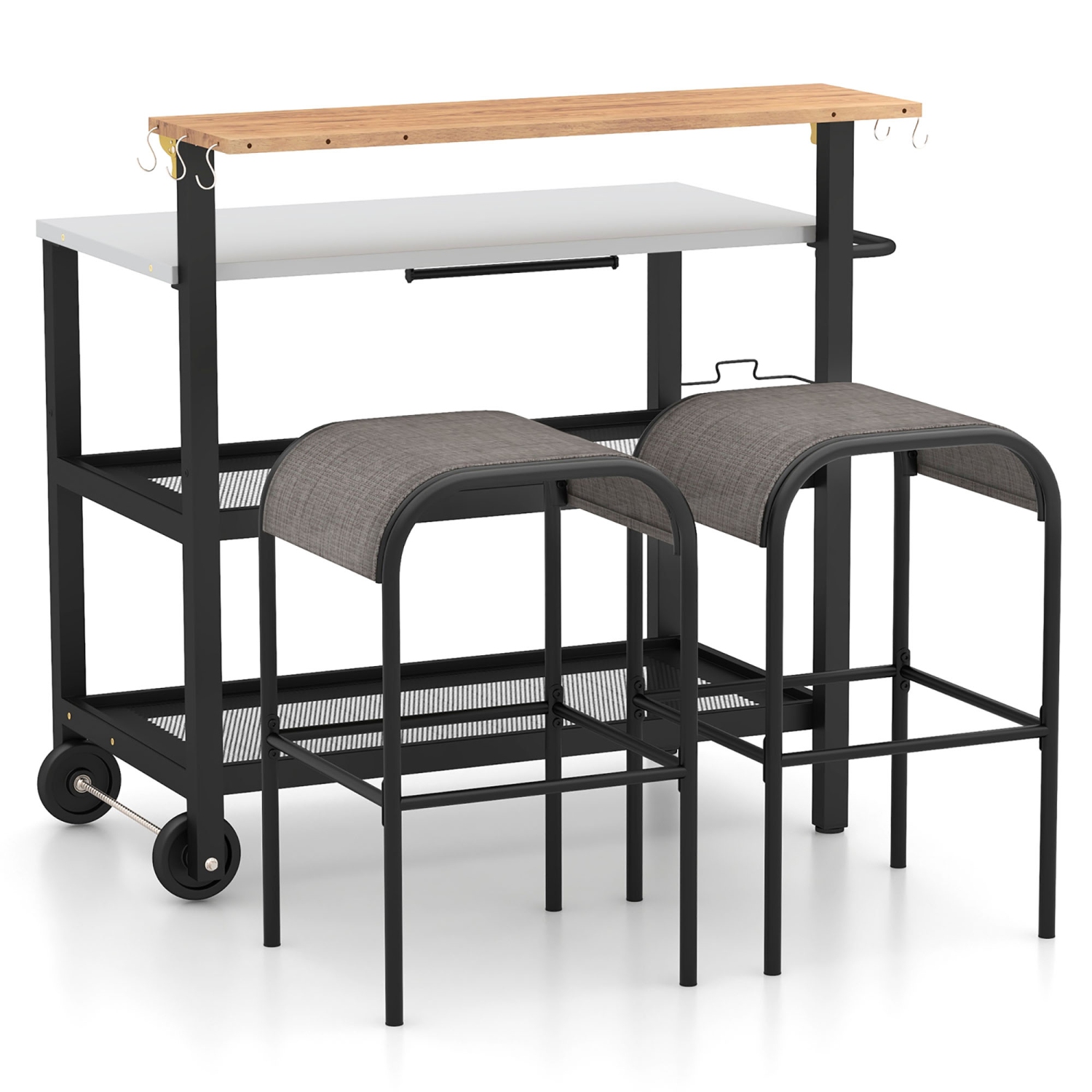 Gymax Rolling Bar Cart w/ Flip-up Table Hooks Paper Towel Holder 2 Bistro Stools