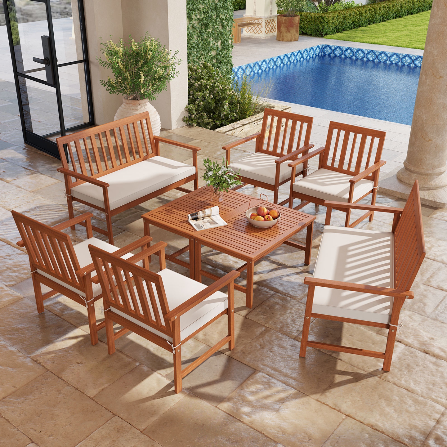 Gymax 8-Piece Acacia Wood Patio Conversation Set Outdoor Furniture Set w/ 4 Armchairs