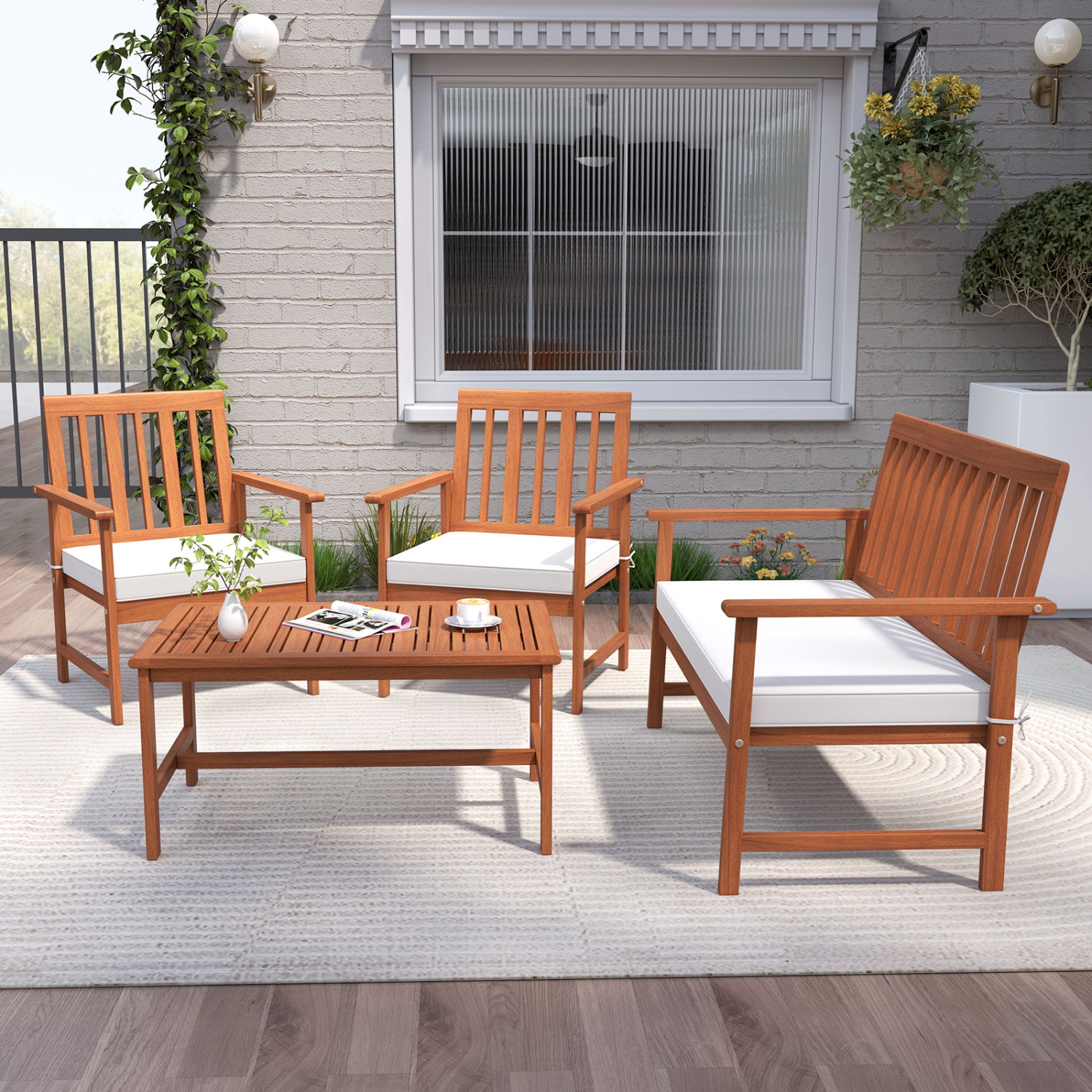 Gymax 8-Piece Acacia Wood Patio Conversation Set Outdoor Furniture Set w/ 4 Armchairs
