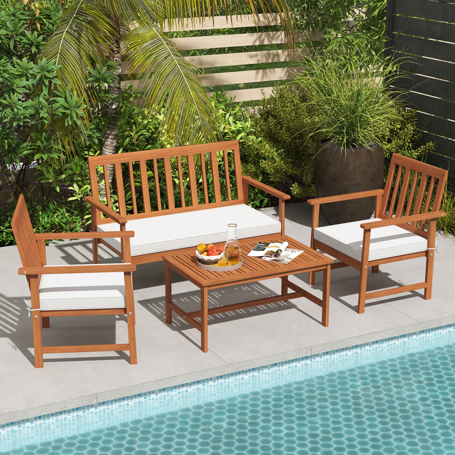 Gymax 4-Piece Acacia Wood Patio Conversation Set Outdoor Furniture Set w/ 2 Armchairs