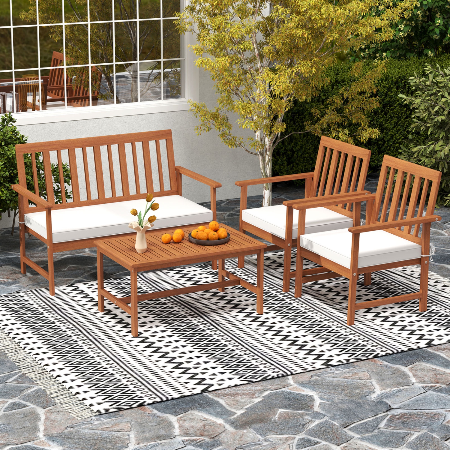 Gymax 4-Piece Acacia Wood Patio Conversation Set Outdoor Furniture Set w/ 2 Armchairs