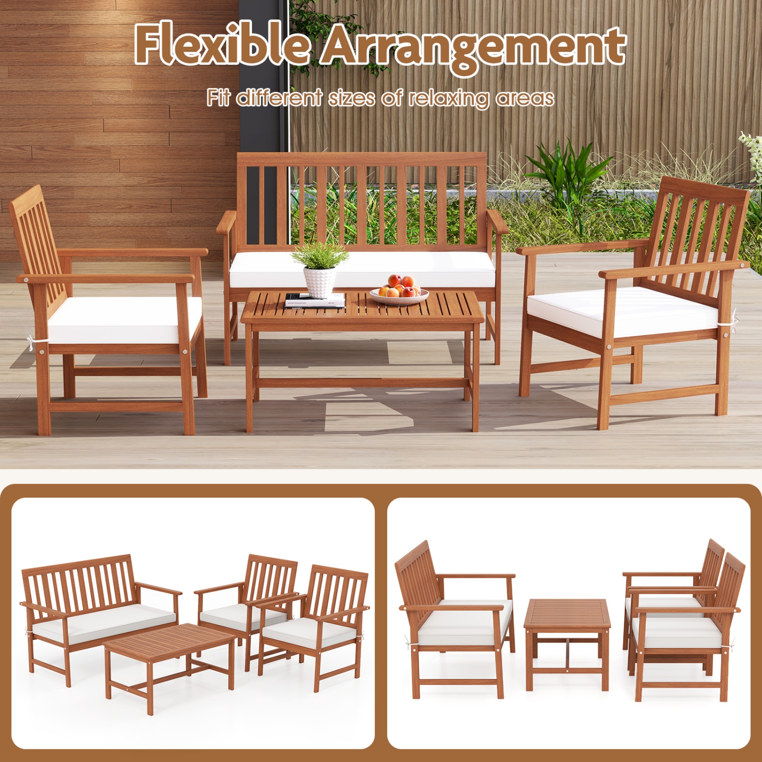 Gymax 4-Piece Acacia Wood Patio Conversation Set Outdoor Furniture Set w/ 2 Armchairs