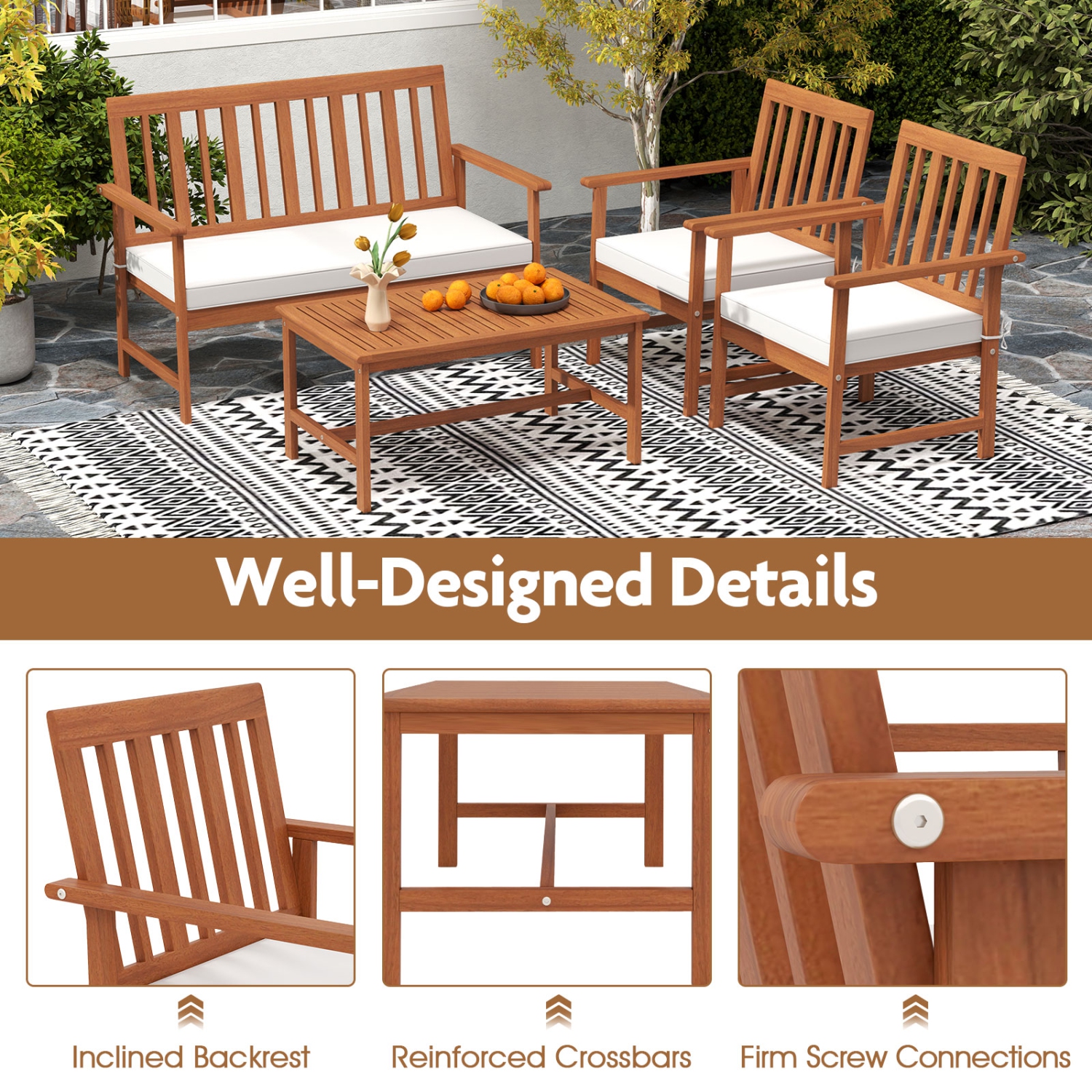Gymax 4-Piece Acacia Wood Patio Conversation Set Outdoor Furniture Set w/ 2 Armchairs
