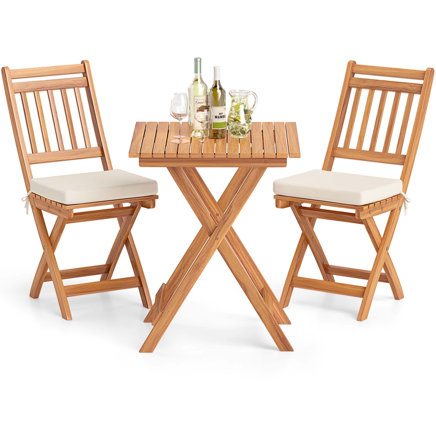 Gymax 3-Piece Folding Bistro Set w/ Removable Seat Cushions Outdoor Table & Chairs