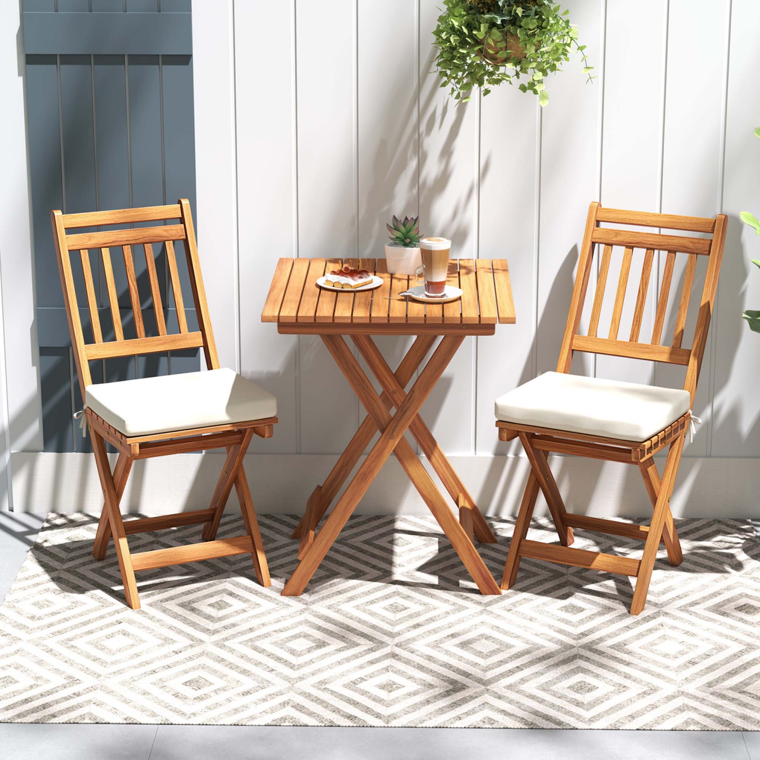 Gymax 3-Piece Folding Bistro Set w/ Removable Seat Cushions Outdoor Table & Chairs
