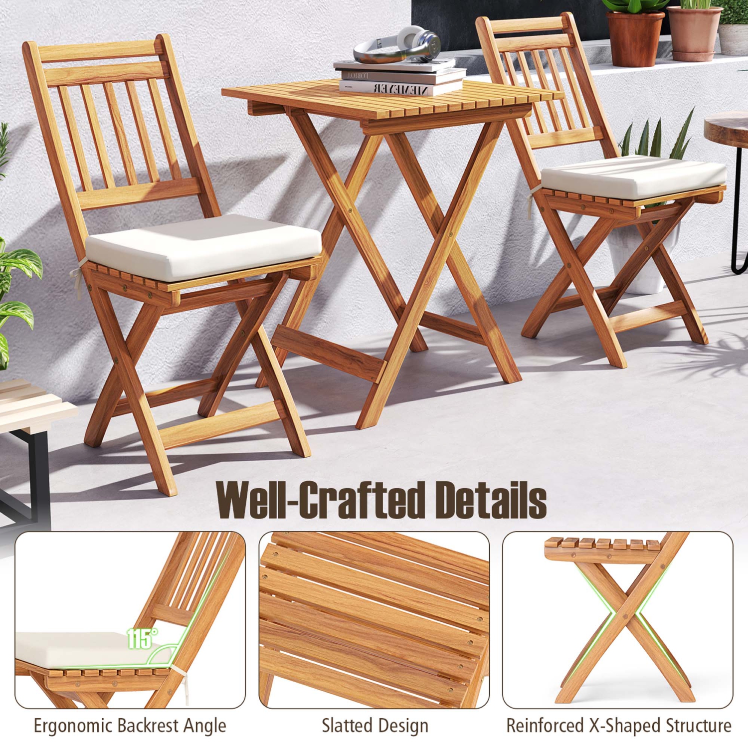 Gymax 3-Piece Folding Bistro Set w/ Removable Seat Cushions Outdoor Table & Chairs