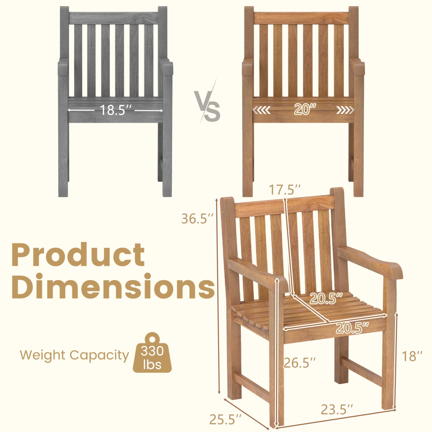Gymax Teak Wood Patio Dining Chair Outdoor Armchair w/ Slatted Seat & Solid Legs