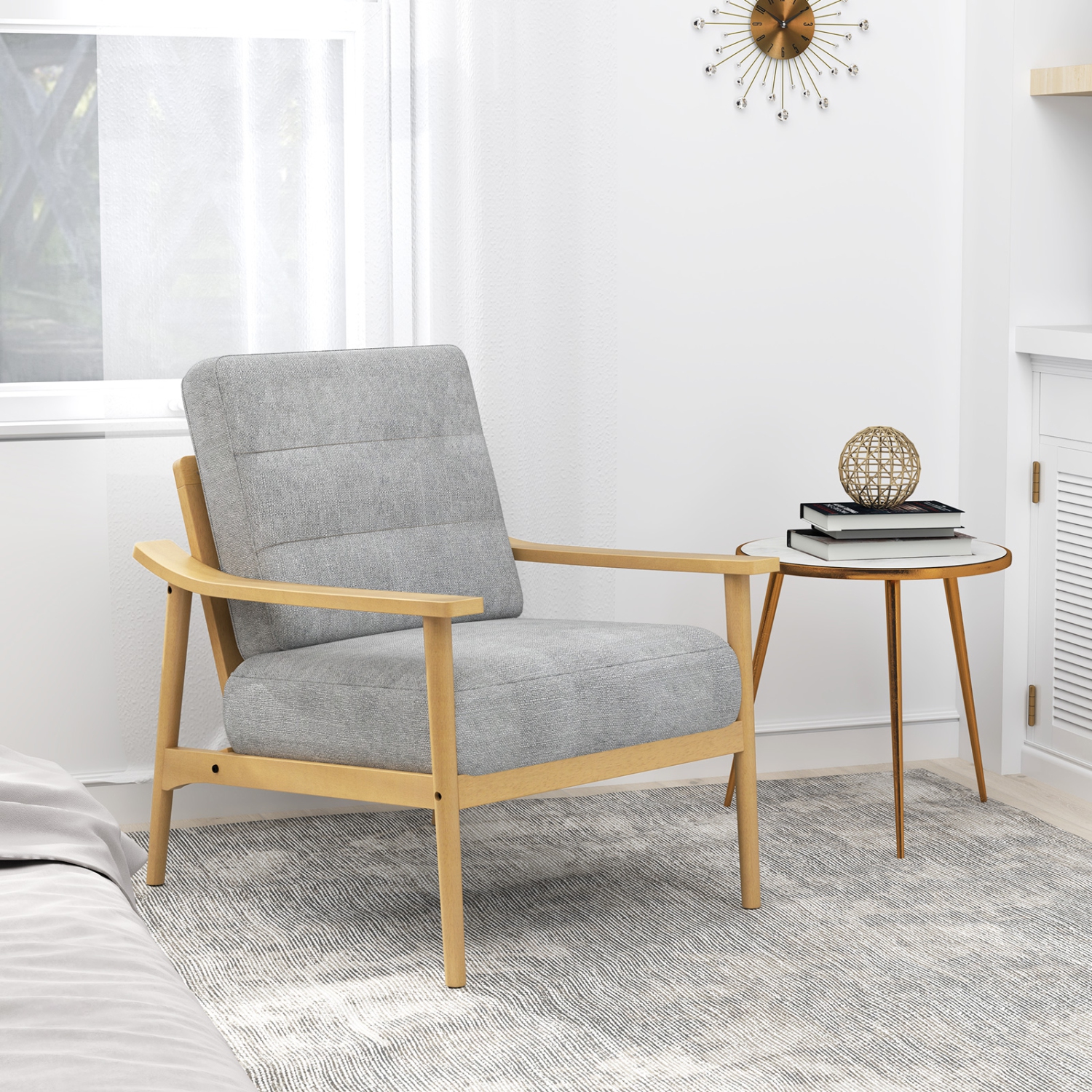 Gymax Modern Accent Chair Upholstered Leisure Armchair w/ Rubber Wood Armrests & Legs