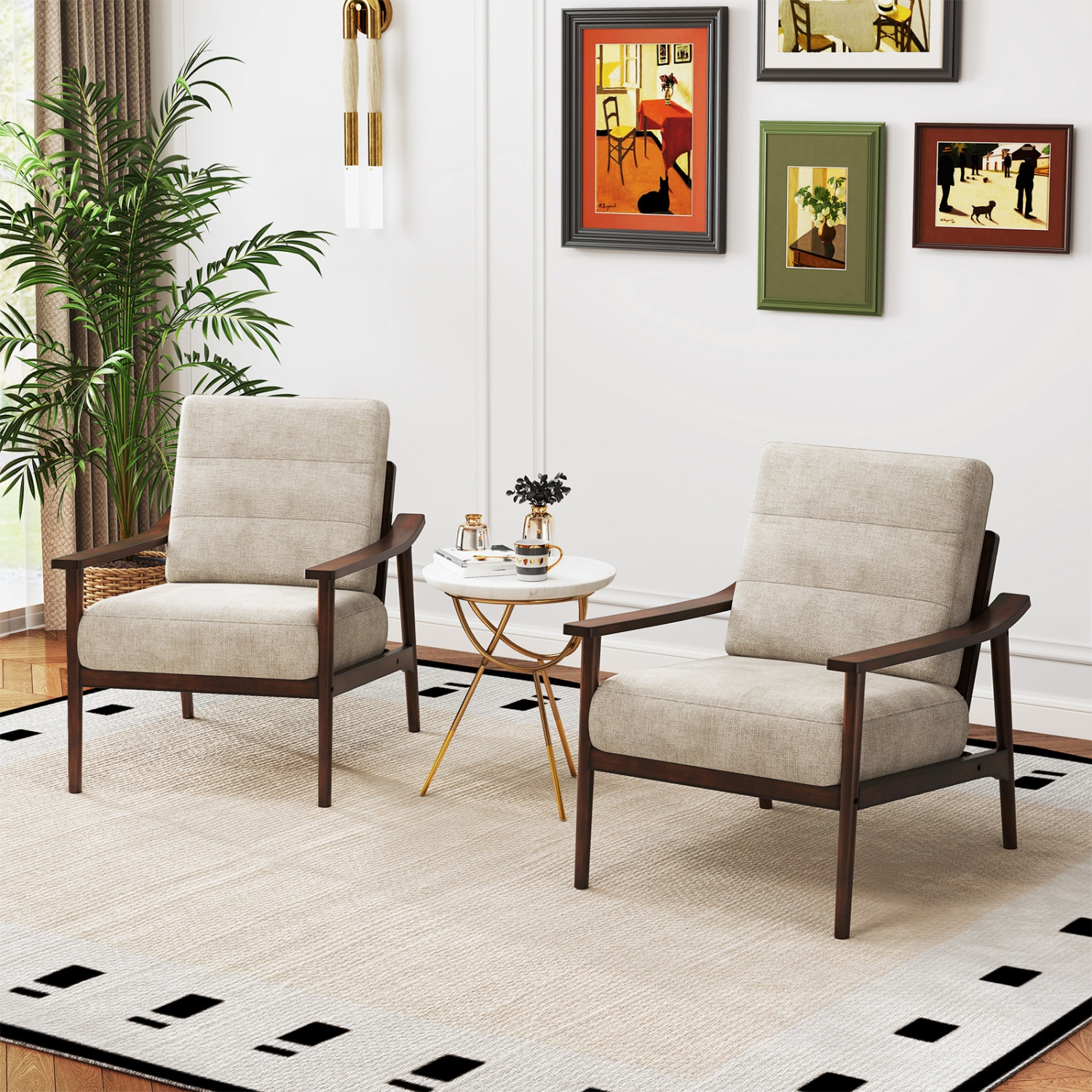 Gymax 2 PCS Modern Accent Chair Upholstered Leisure Armchair w/ Rubber Wood Armrests & Legs