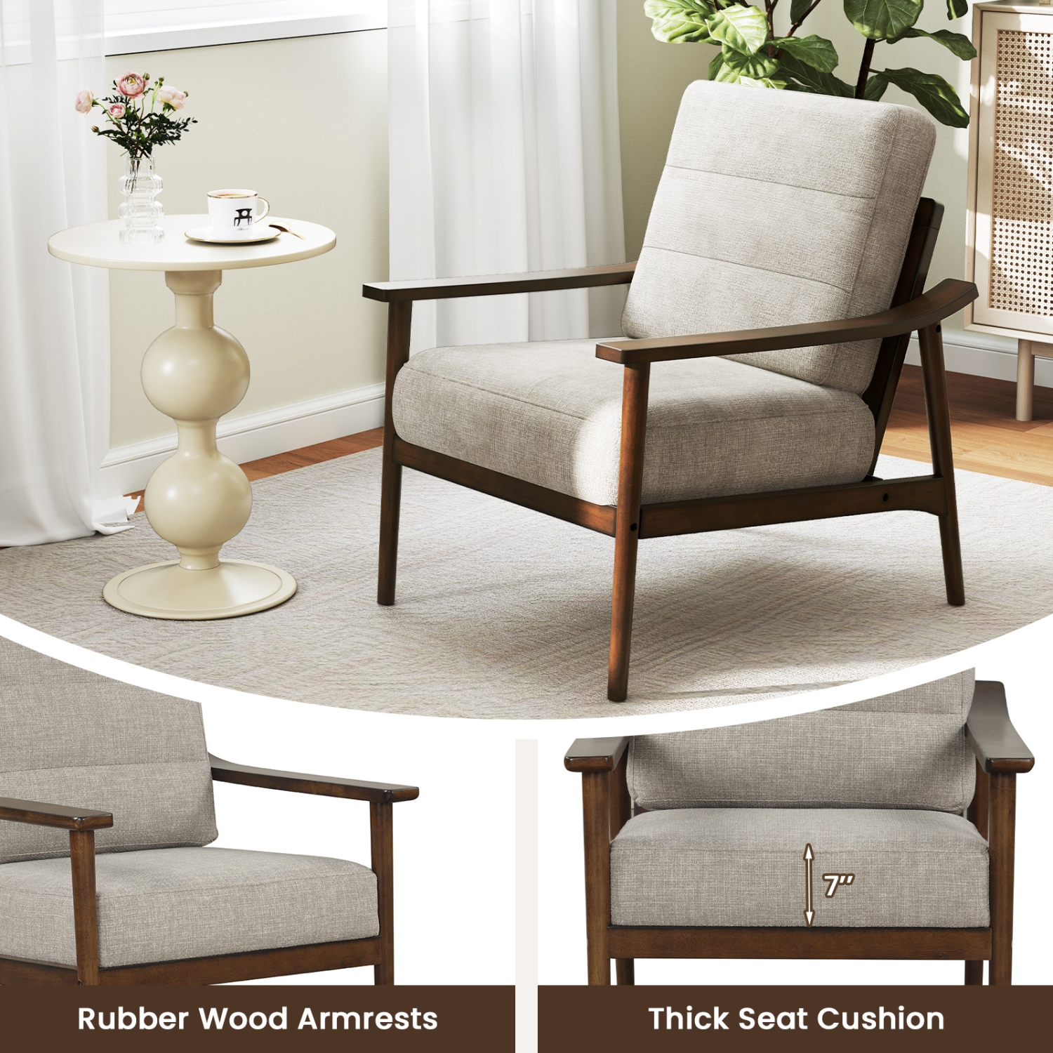 Gymax Modern Accent Chair Upholstered Leisure Armchair w/ Rubber Wood Armrests & Legs