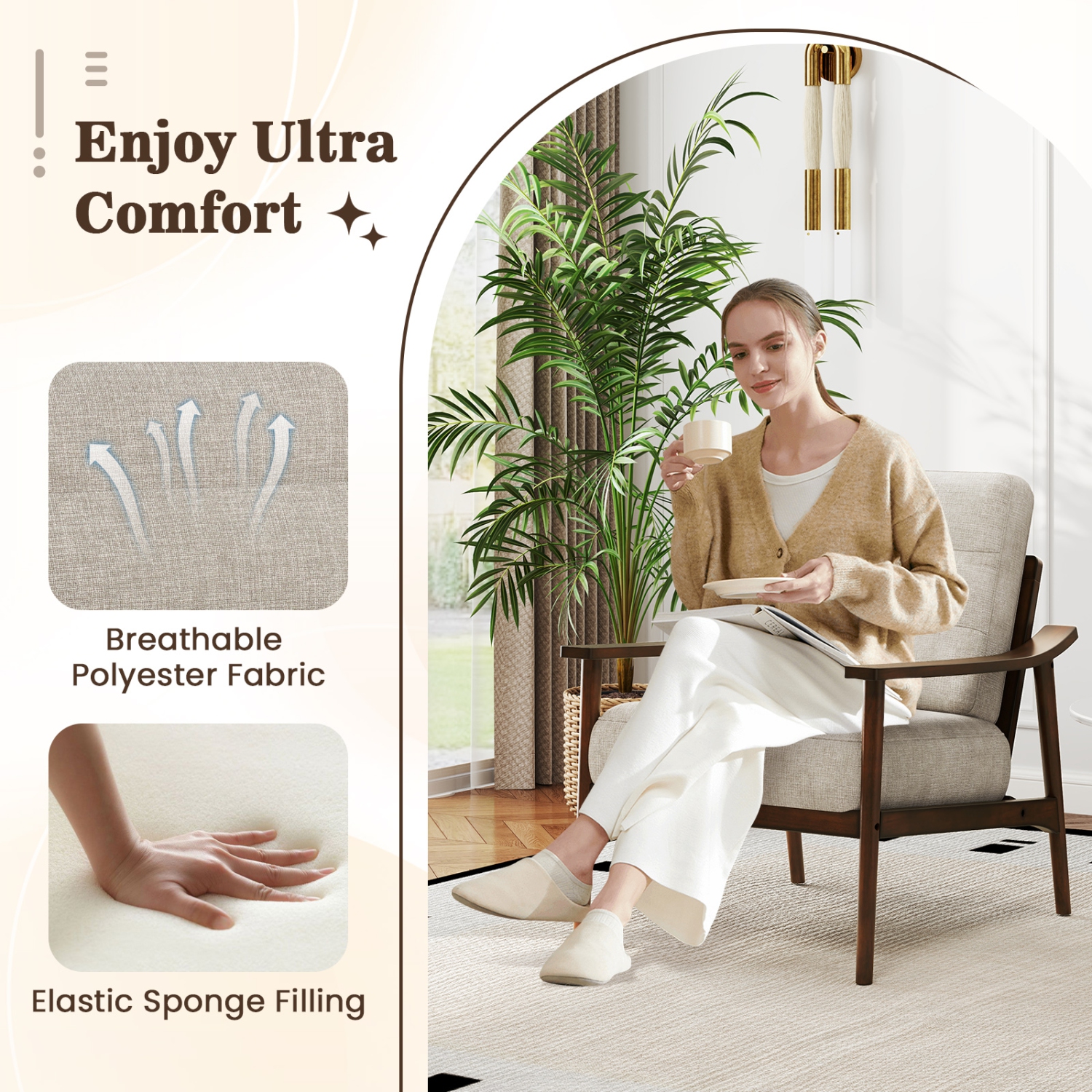 Gymax Modern Accent Chair Upholstered Leisure Armchair w/ Rubber Wood Armrests & Legs