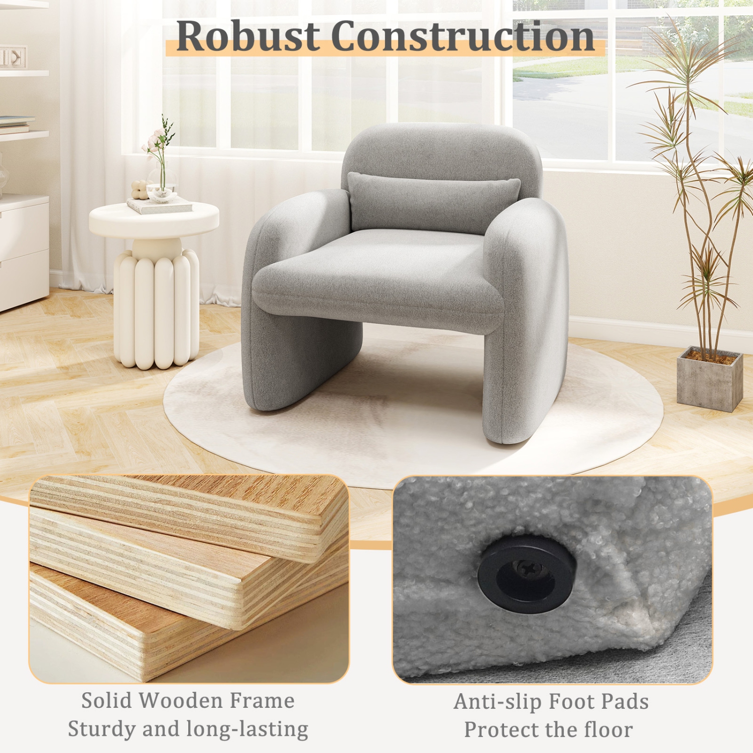 Gymax 2PCS Modern Accent Chair Sherpa Fabric Upholstered Armchair w/ Waist Pillow