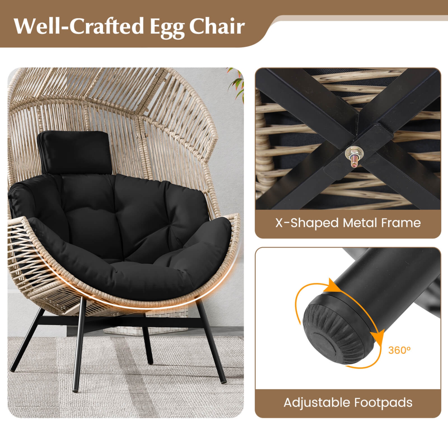 Gymax Wicker Stationary Egg Chair Lounge Basket Sofa Chair w/ Heavy-Duty Metal Frame