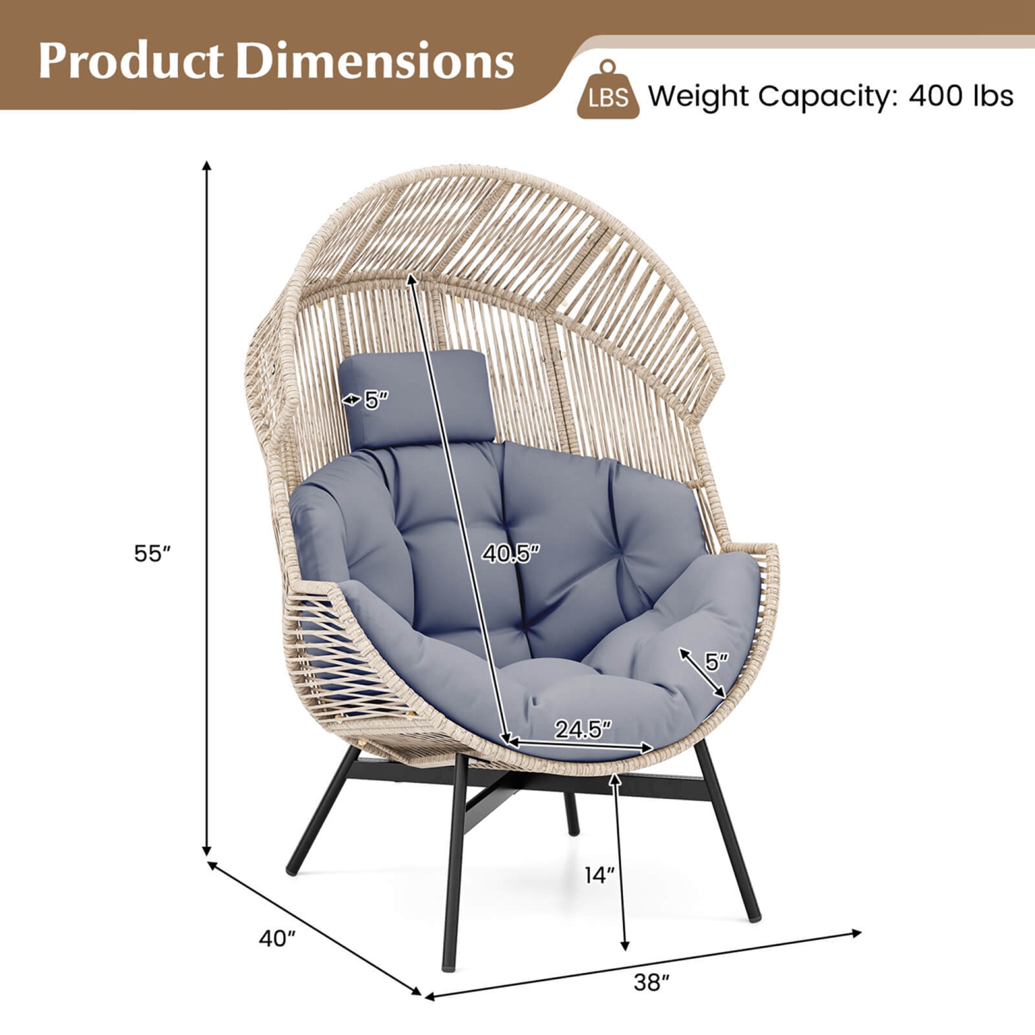 Gymax Wicker Stationary Egg Chair Lounge Basket Sofa Chair w/ Heavy-Duty Metal Frame