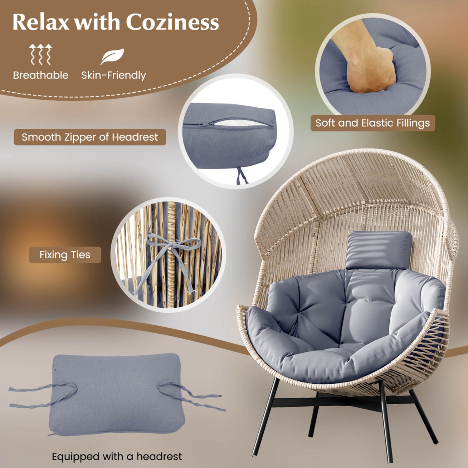 Gymax Wicker Stationary Egg Chair Lounge Basket Sofa Chair w/ Heavy-Duty Metal Frame