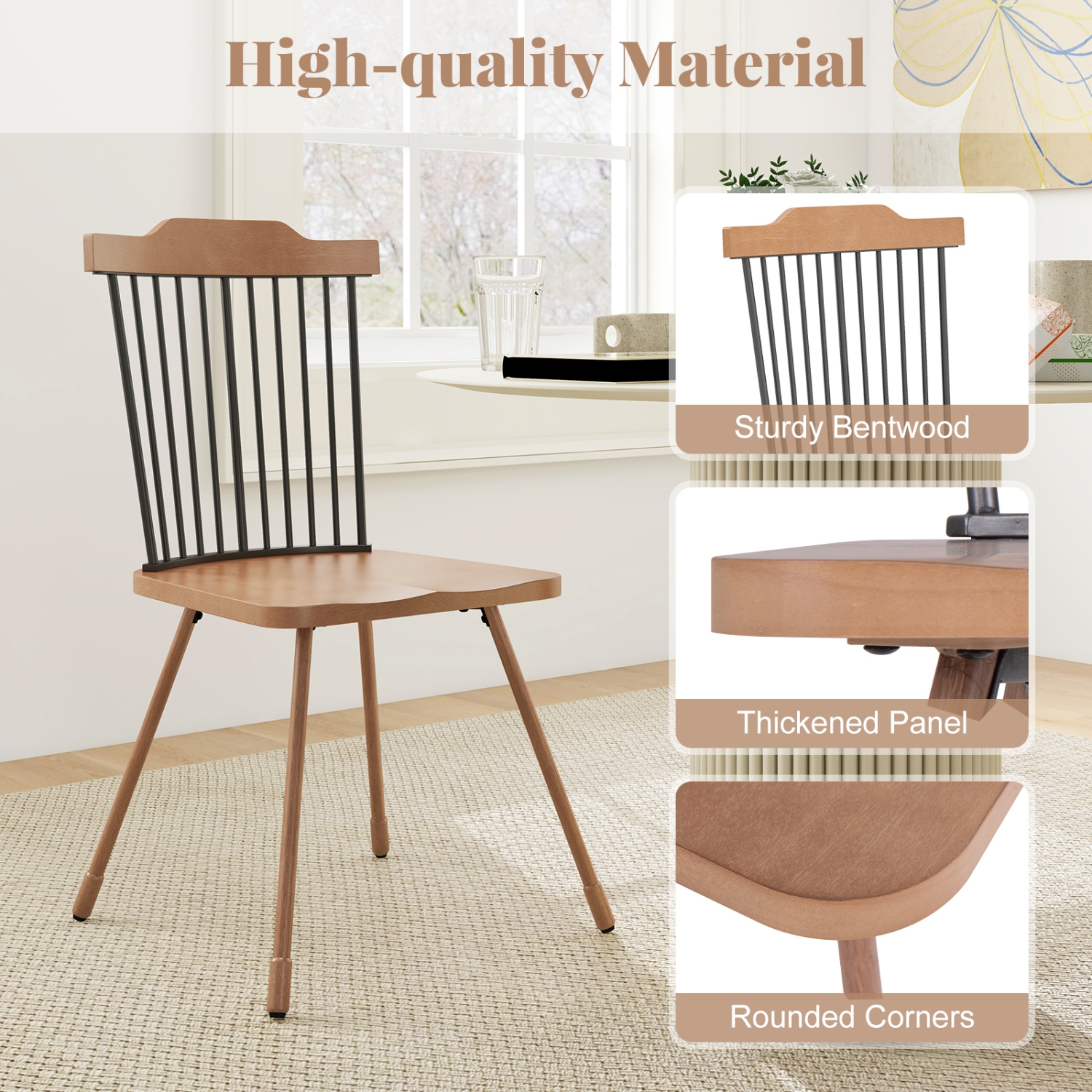 Gymax Windsor Chair Set of 2 Metal Legs Supported Dining Chair Farmhouse Armless Chair