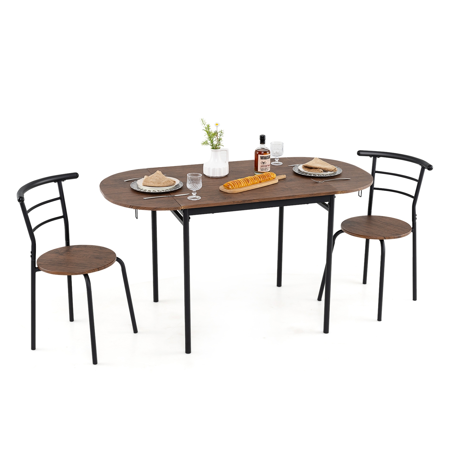 Gymax 3 Pcs Foldable Dining Table Set w/ 2 Chairs Industrial Oval Corner Dining Set