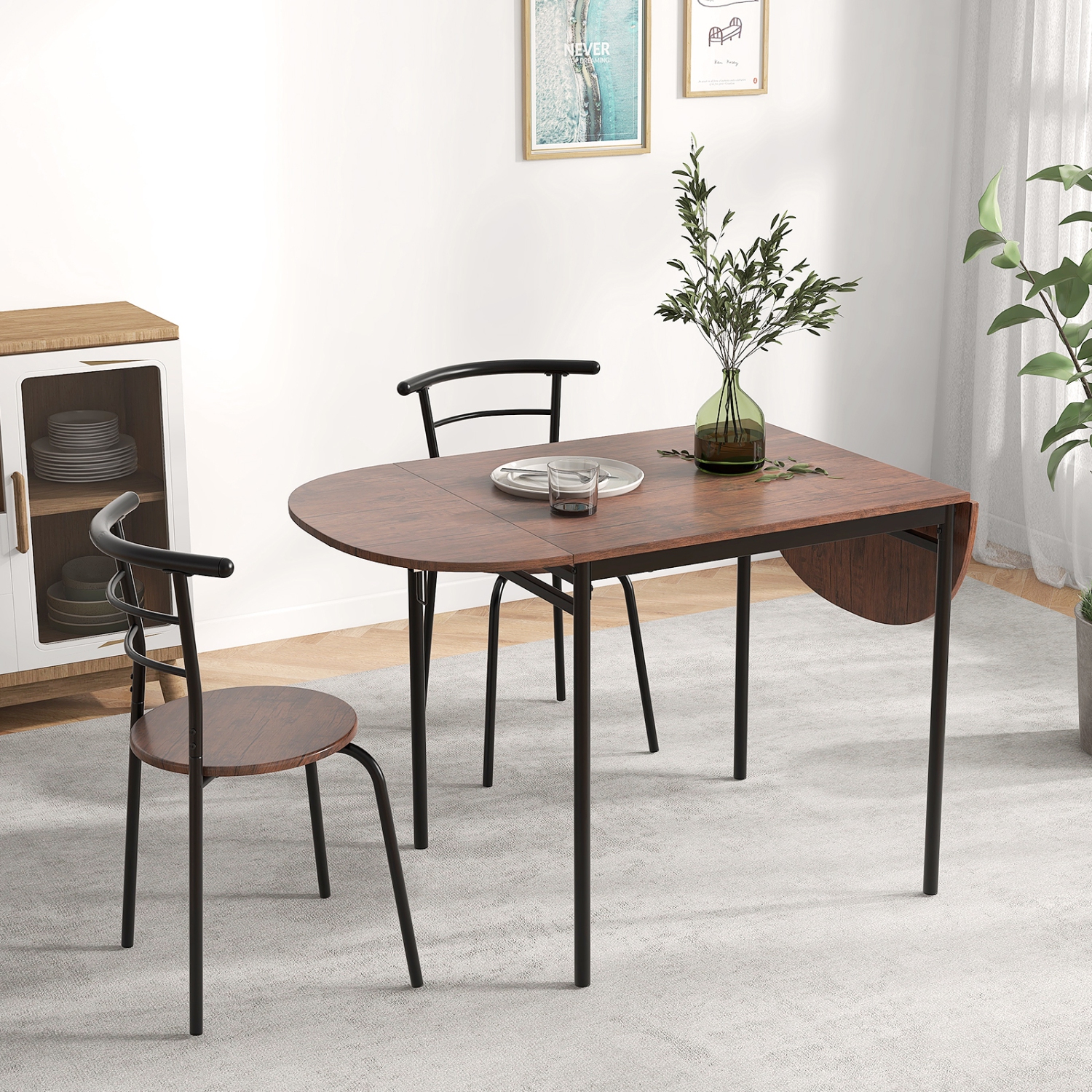 Gymax 3 Pcs Foldable Dining Table Set w/ 2 Chairs Industrial Oval Corner Dining Set