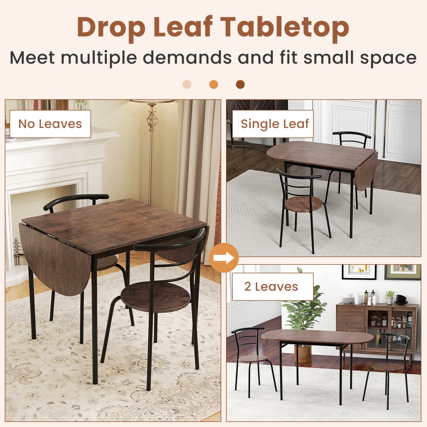 Gymax 3 Pcs Foldable Dining Table Set w/ 2 Chairs Industrial Oval Corner Dining Set