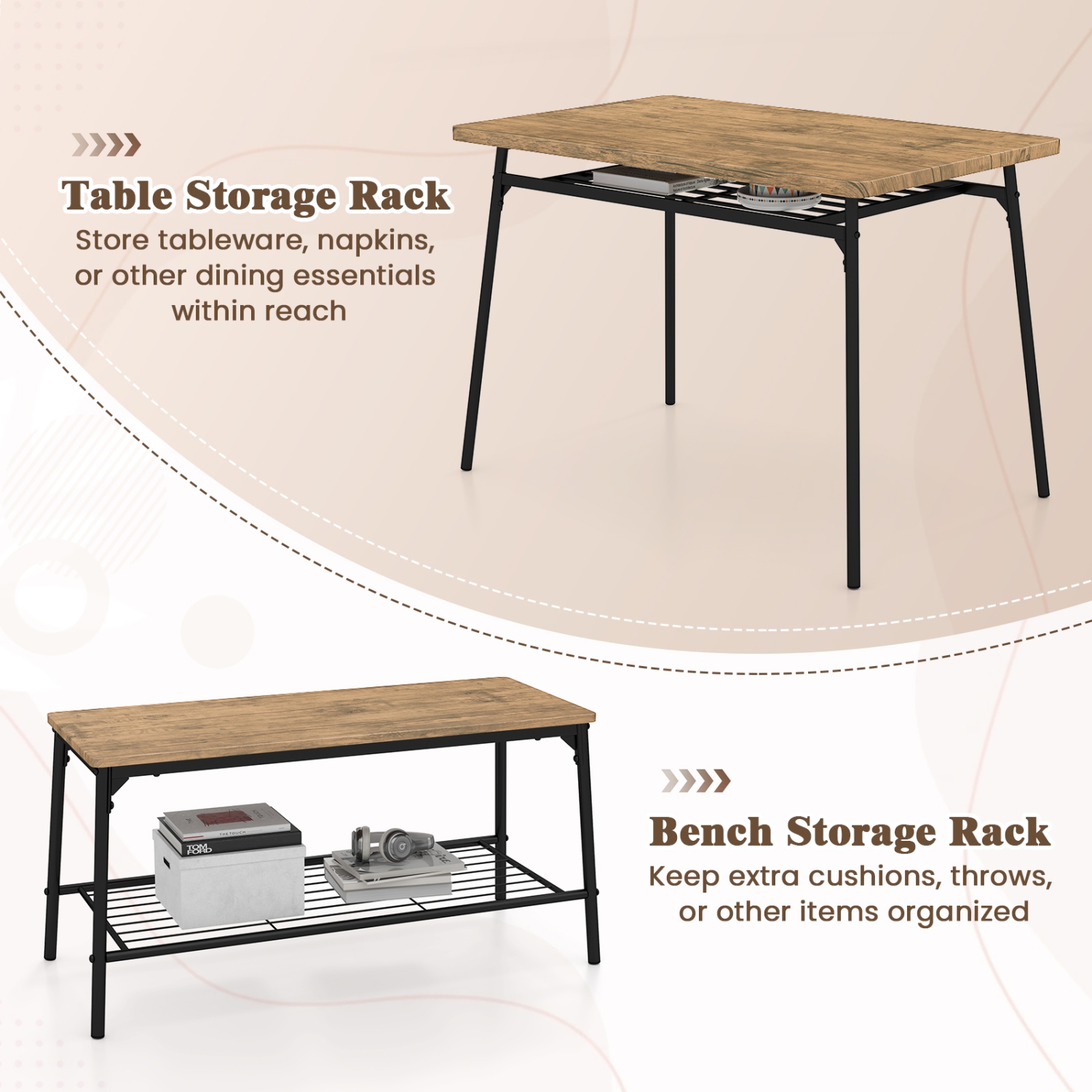 Gymax Dining Table Set for 4 Dining Room Kitchen Table w/ Bench 2 Chairs 4-Piece Set