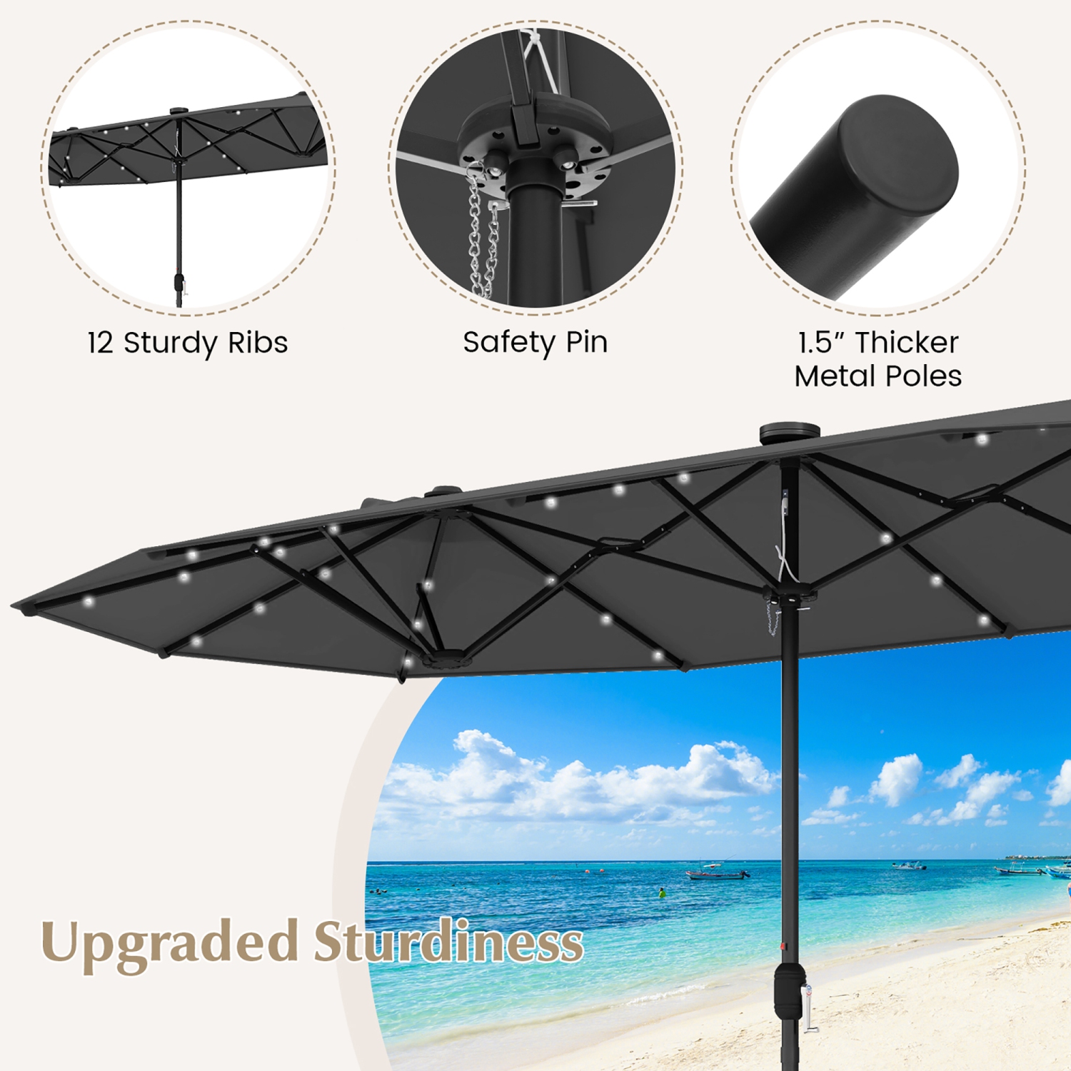 Gymax 13FT Double-sided Patio Umbrella w/ Solar Lights Crank Handle Umbrella Base