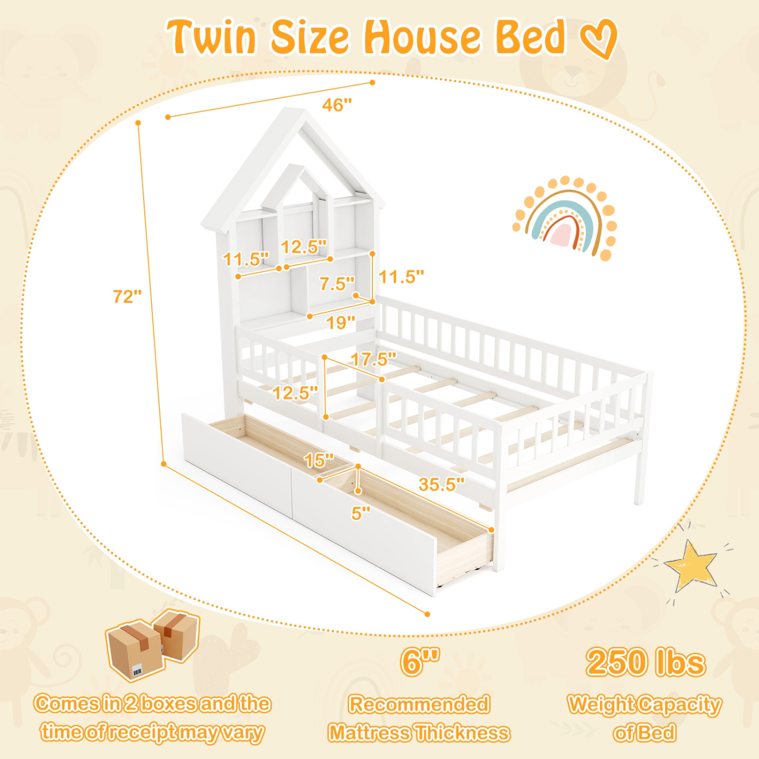 Gymax Twin Size House Bed w/ 2 Drawers Kids Montessori Bed w/ Storage Headboard