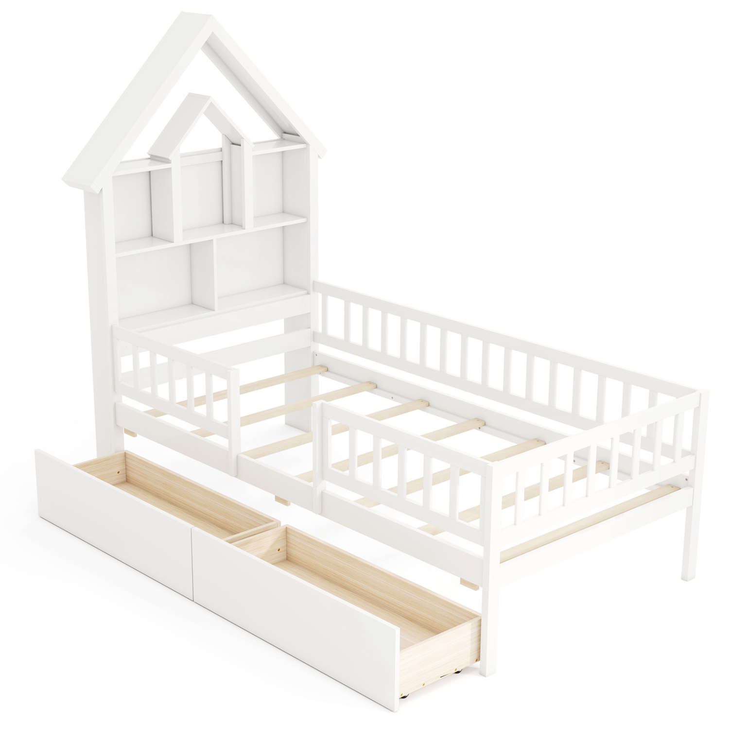 Gymax Twin Size House Bed w/ 2 Drawers Kids Montessori Bed w/ Storage Headboard
