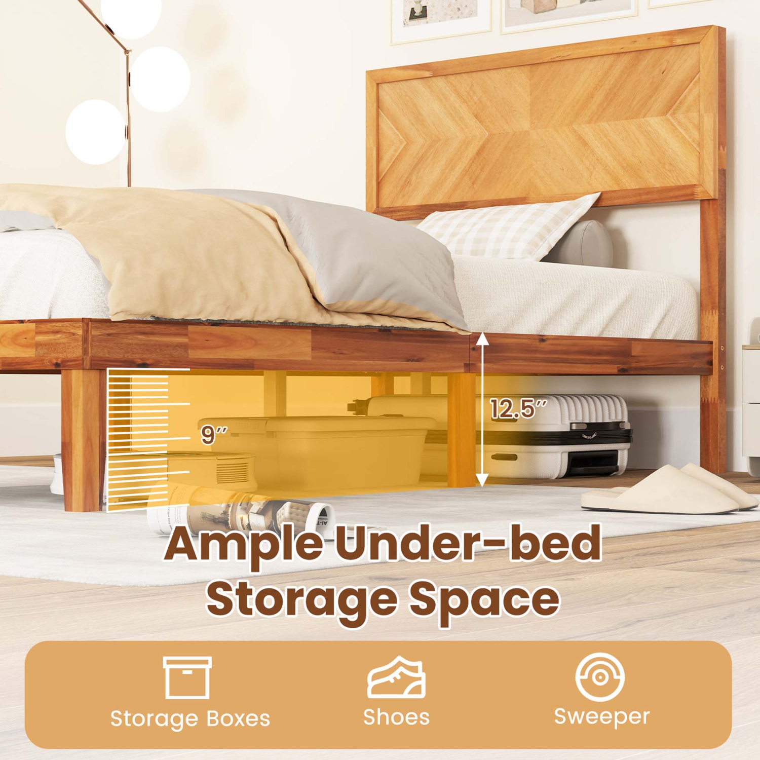 Gymax Twin/Full/Queen Size Bed Frame w/Headboard Wooden Slats Support 9'' Under-bed Storage Space