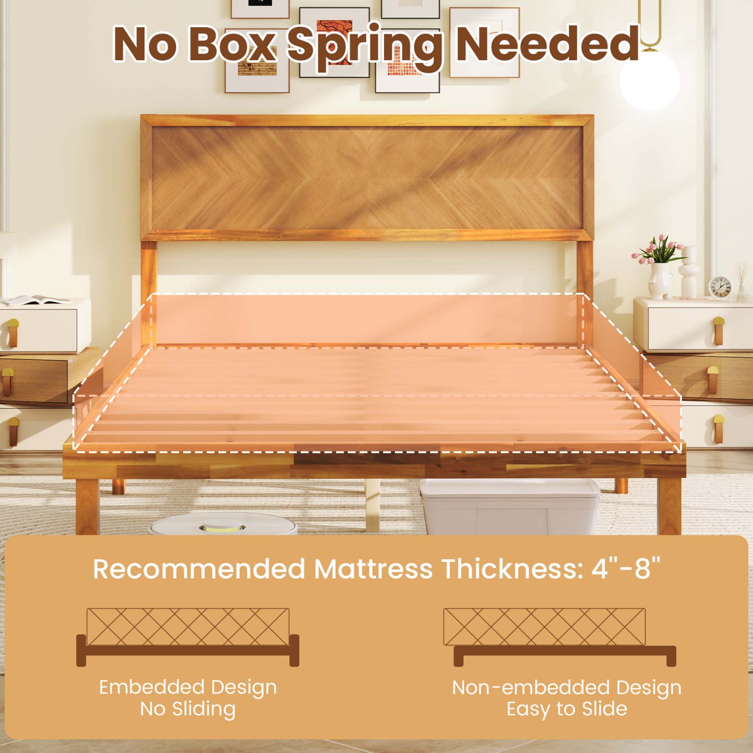 Gymax Twin/Full/Queen Size Bed Frame w/Headboard Wooden Slats Support 9'' Under-bed Storage Space