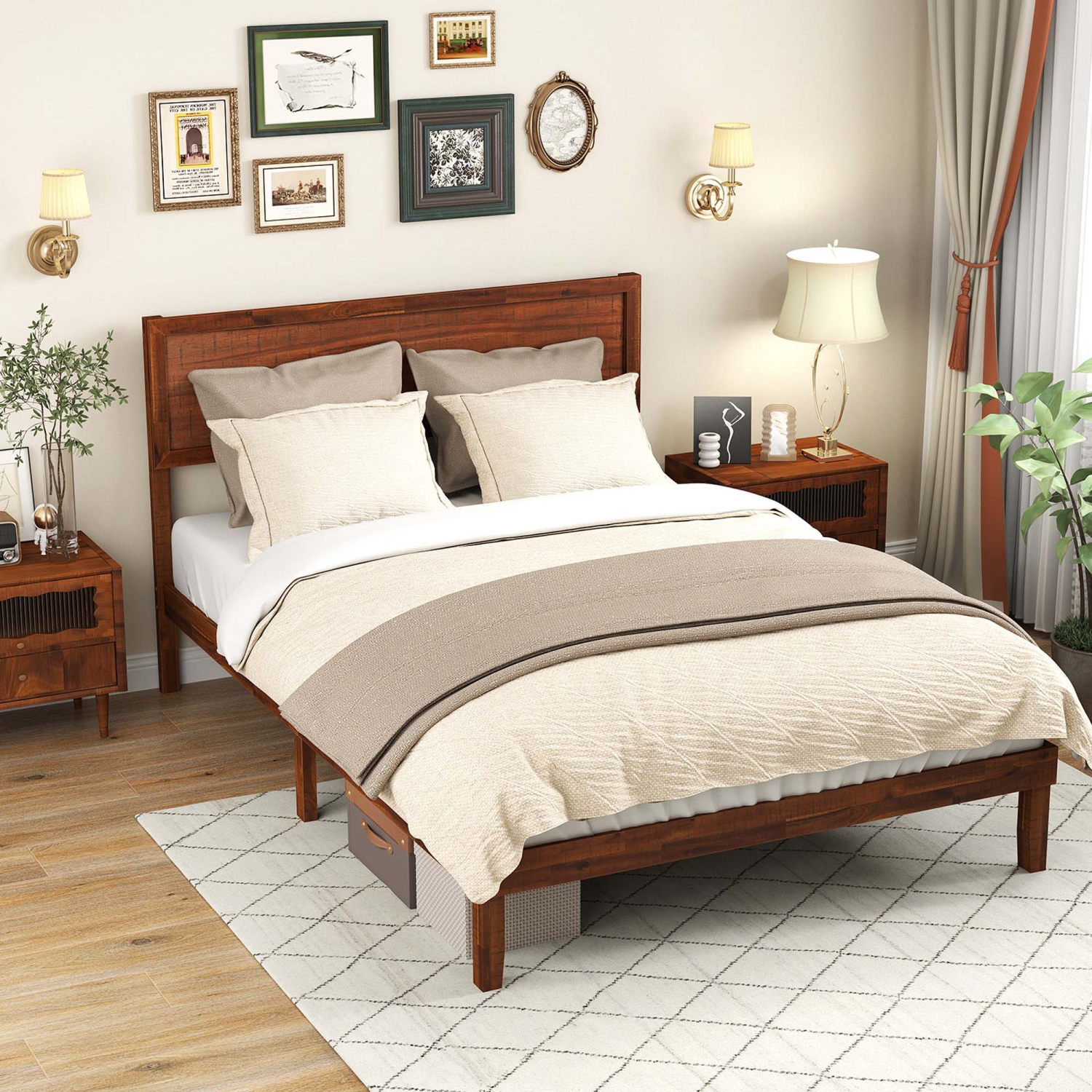 Gymax Twin/Full/Queen Bed Frame w/ Rustic Headboard Under-bed Storage Space No Box Spring Needed