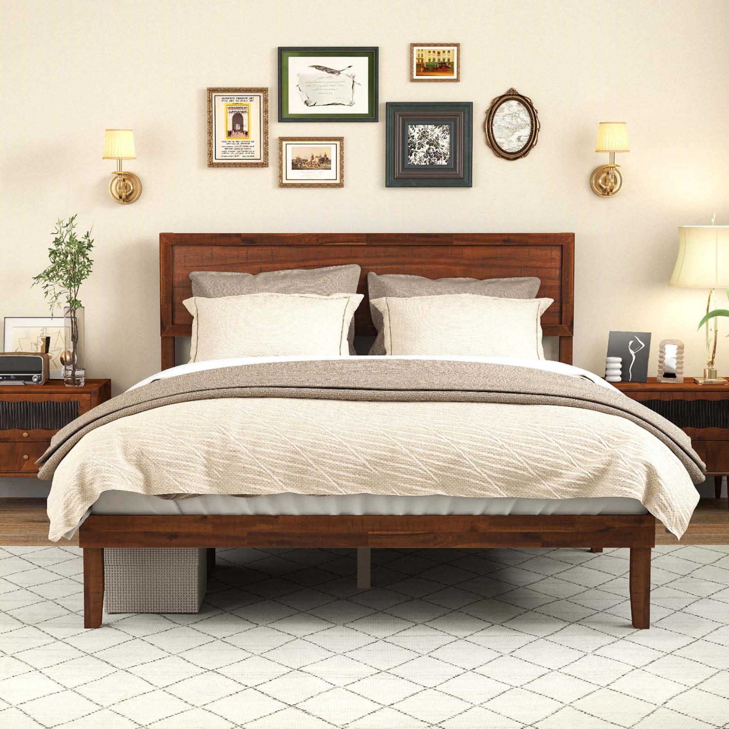Gymax Twin/Full/Queen Bed Frame w/ Rustic Headboard Under-bed Storage Space No Box Spring Needed