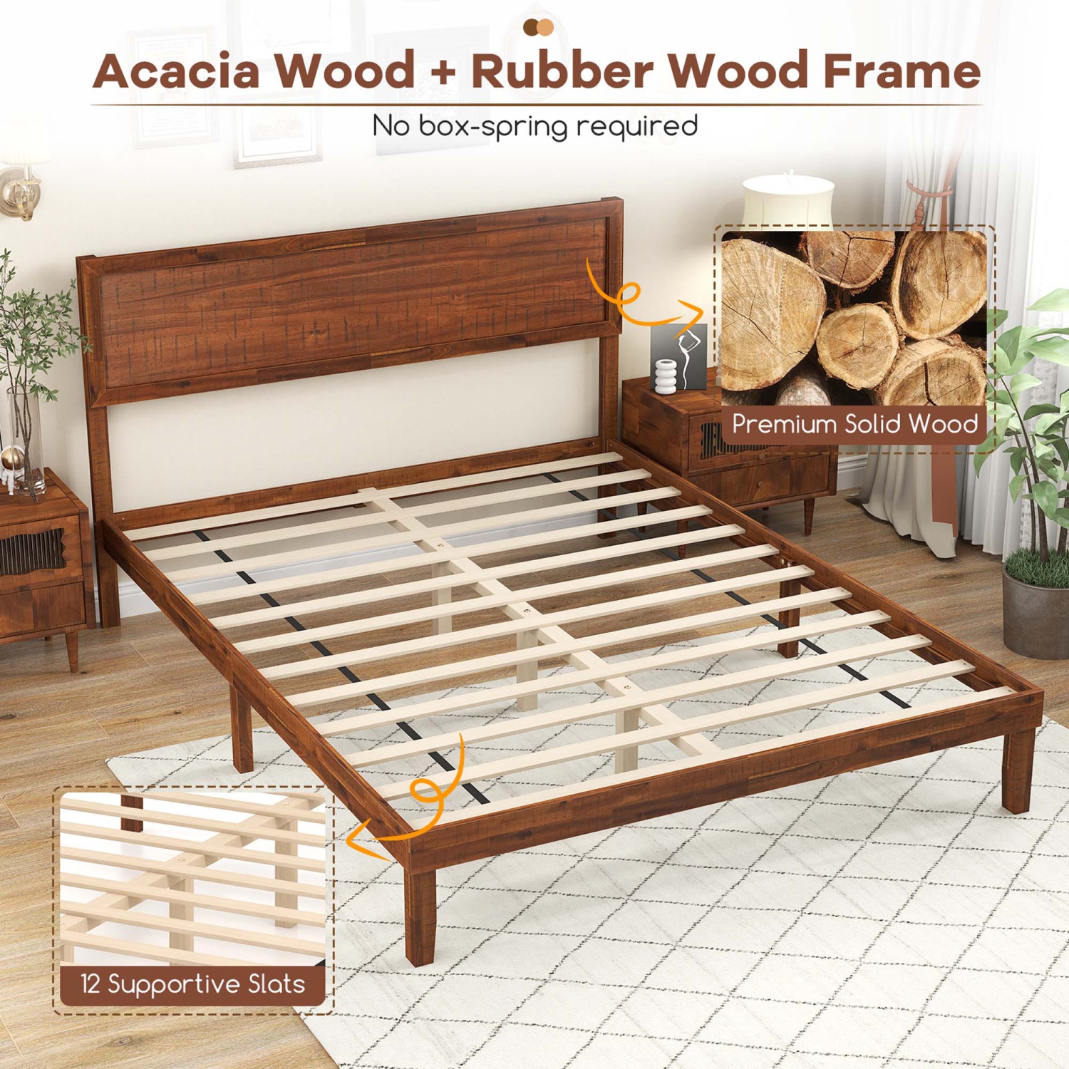 Gymax Twin/Full/Queen Bed Frame w/ Rustic Headboard Under-bed Storage Space No Box Spring Needed