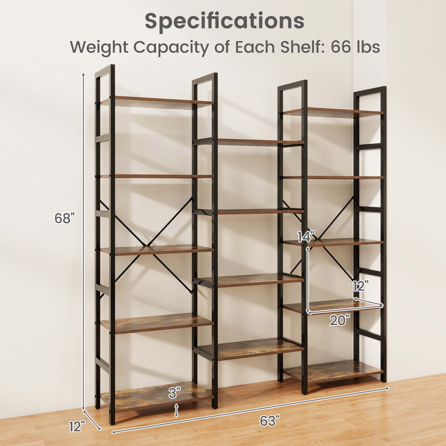 Gymax 5-tier Industrial Bookshelf Heavy-duty Metal Frame Bookcases w/ 14 Open Shelves