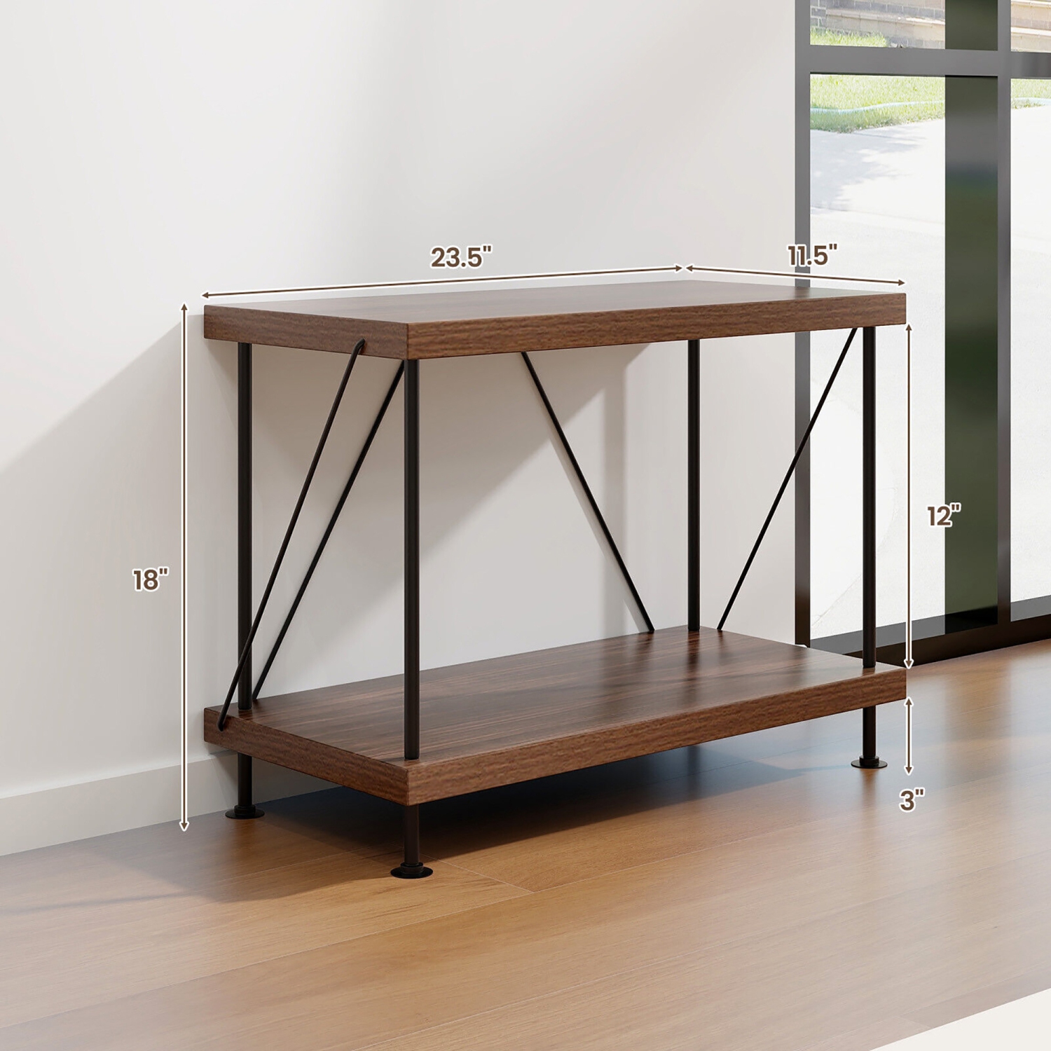 Gymax 2-Tier Multipurpose Display Rack Freestanding Bookshelf w/ Metal Frame Walnut