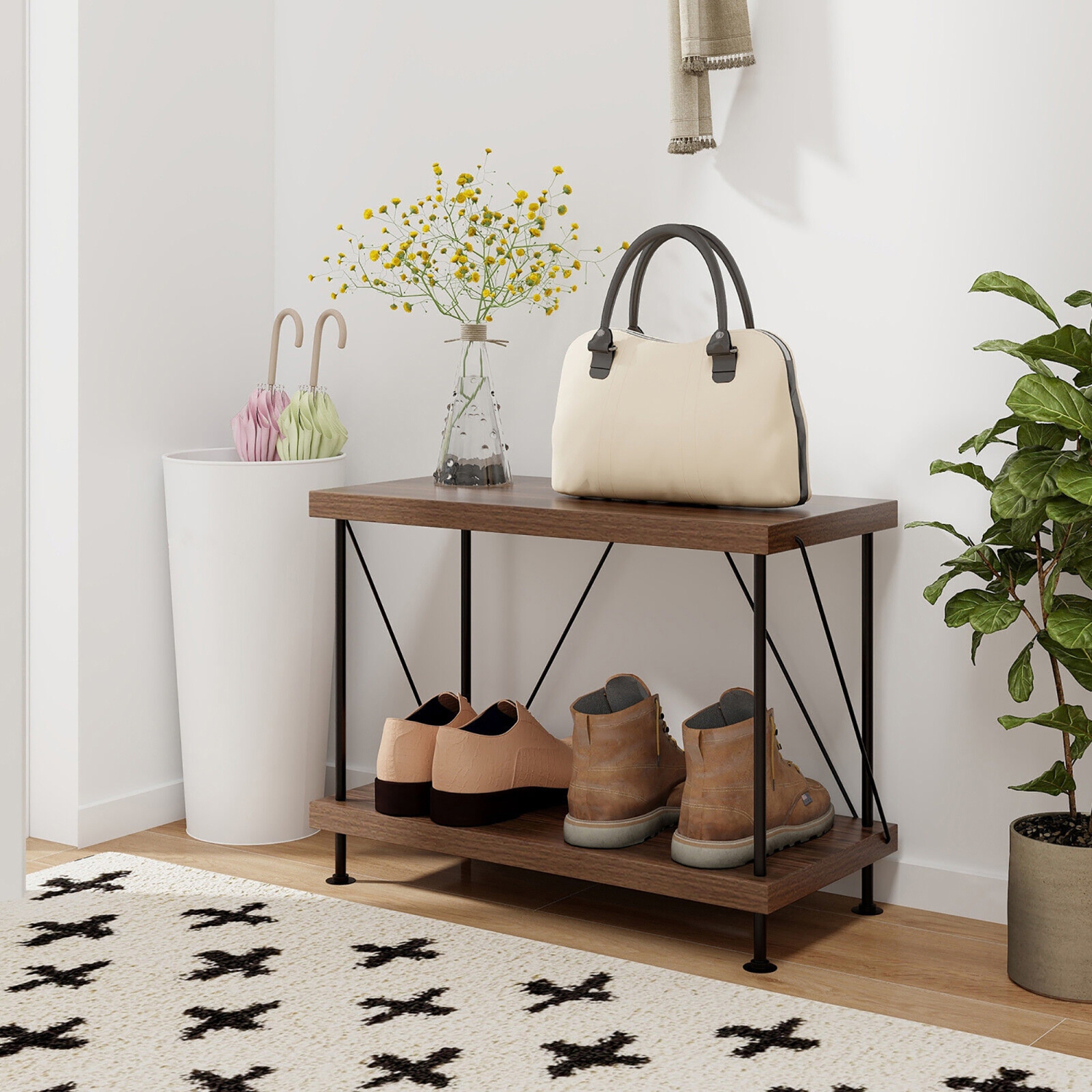 Gymax 2-Tier Multipurpose Display Rack Freestanding Bookshelf w/ Metal Frame Walnut