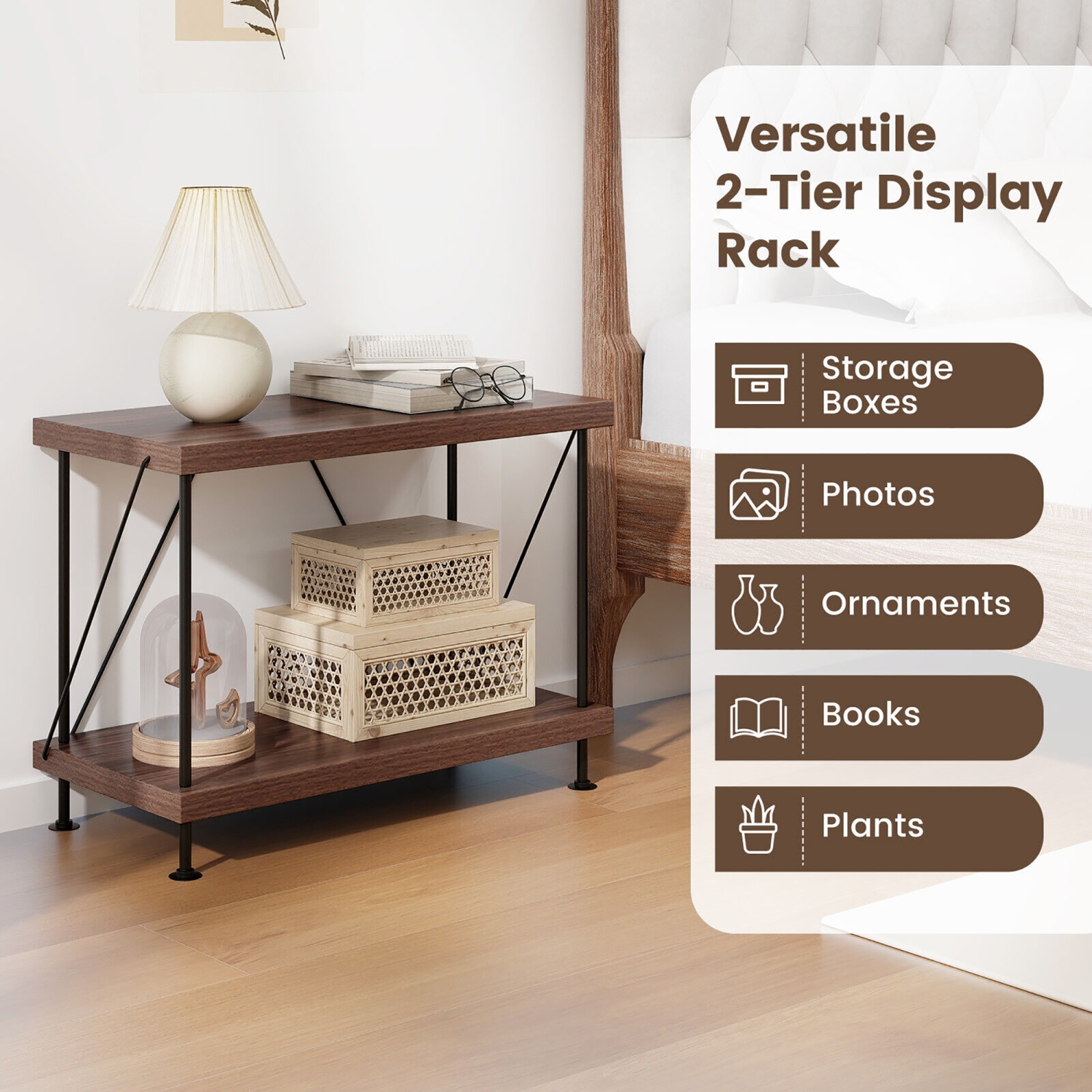 Gymax 2-Tier Multipurpose Display Rack Freestanding Bookshelf w/ Metal Frame Walnut