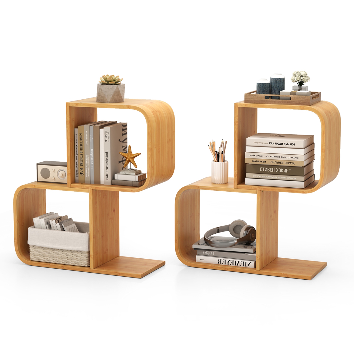 Gymax 2PCS Bamboo Geometric Bookshelf 2-Tier S-Shaped Bookcase w/ Anti-tipping Device