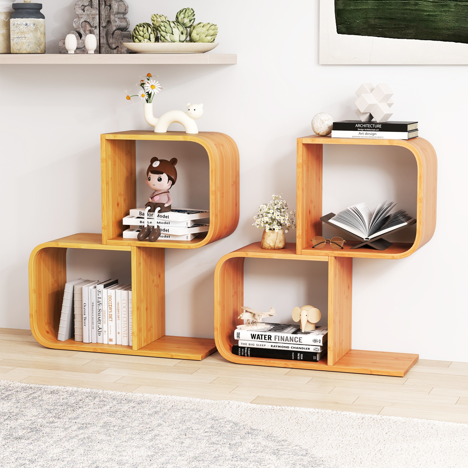 Gymax 2PCS Bamboo Geometric Bookshelf 2-Tier S-Shaped Bookcase w/ Anti-tipping Device