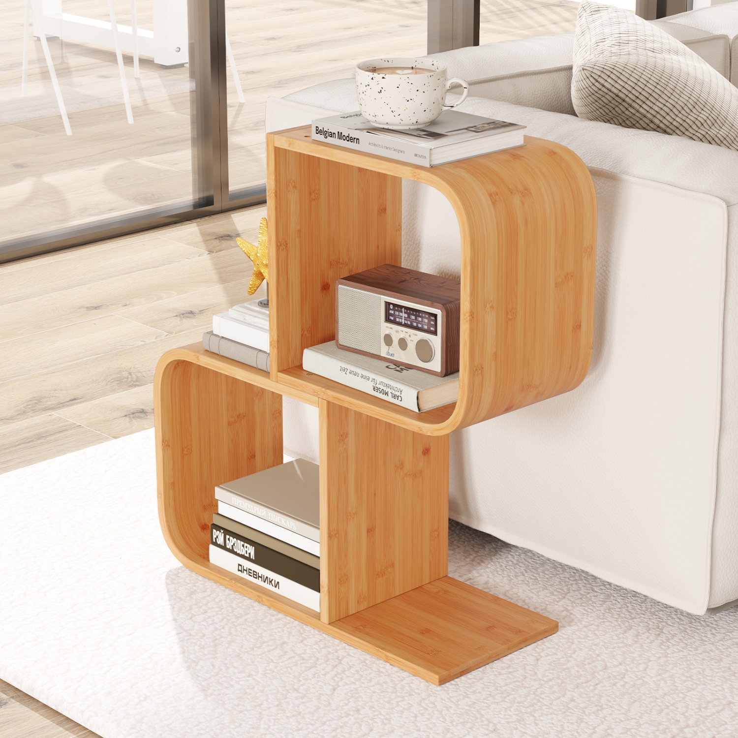 Gymax 2PCS Bamboo Geometric Bookshelf 2-Tier S-Shaped Bookcase w/ Anti-tipping Device