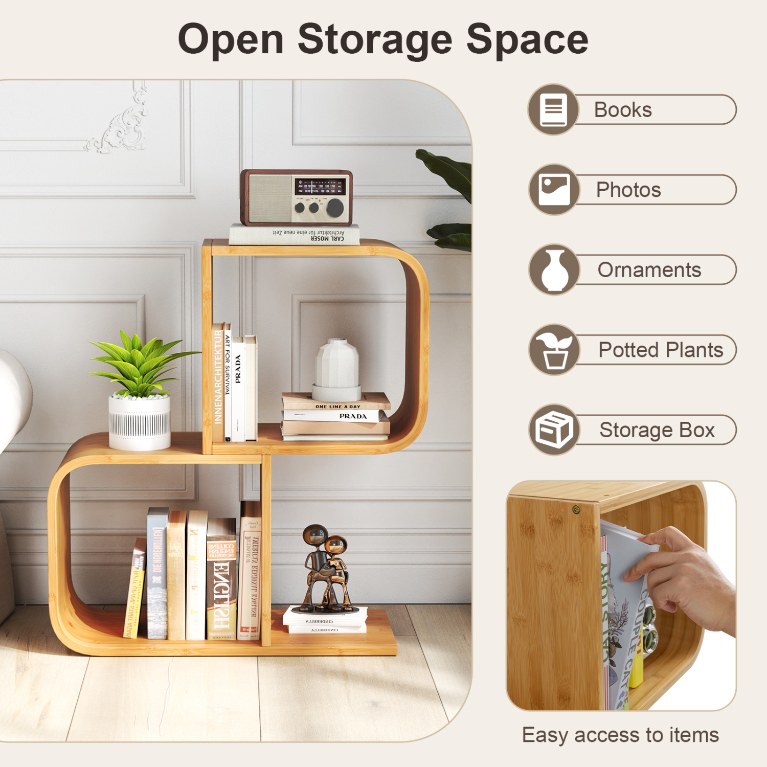 Gymax 2PCS Bamboo Geometric Bookshelf 2-Tier S-Shaped Bookcase w/ Anti-tipping Device