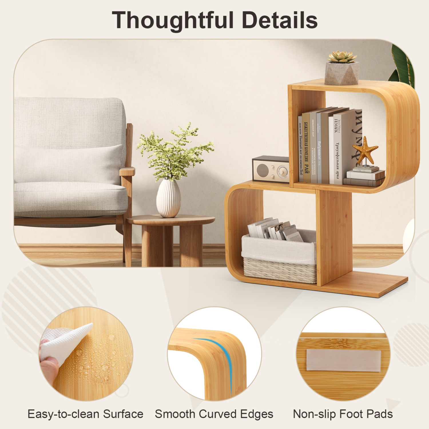 Gymax 2PCS Bamboo Geometric Bookshelf 2-Tier S-Shaped Bookcase w/ Anti-tipping Device